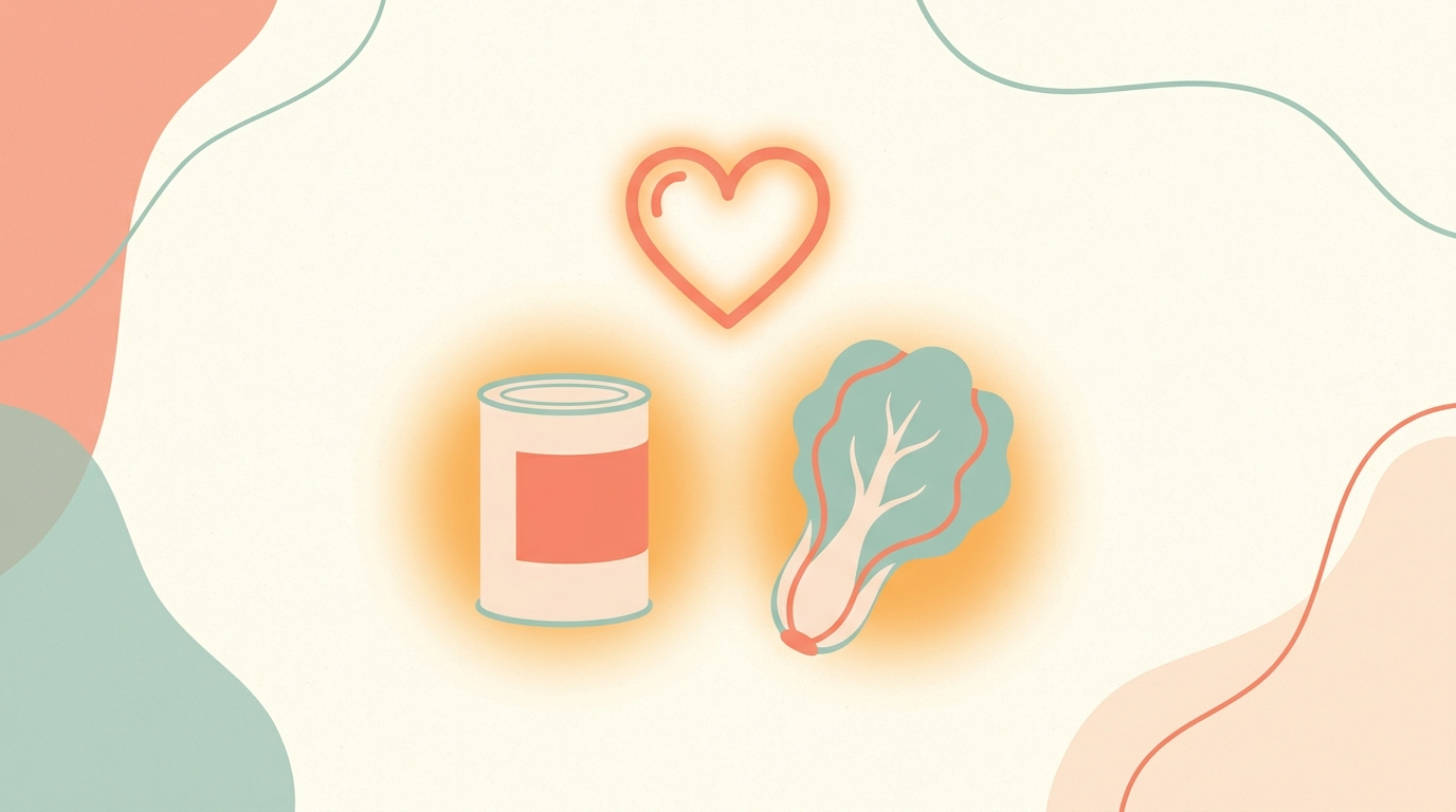 A canned food item and a fresh whole vegetable glowing with the same warm healthy light beneath a heart-shaped outline, symbolising that diet quality matters more than processing level