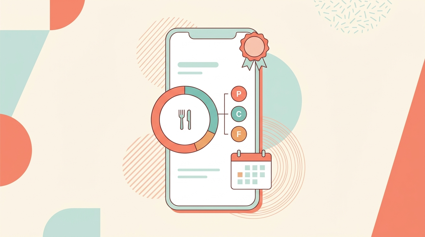 A smartphone showing a redesigned food-log screen with a segmented calorie ring, editable macro circles, a calendar icon and a small premium-unlock ribbon