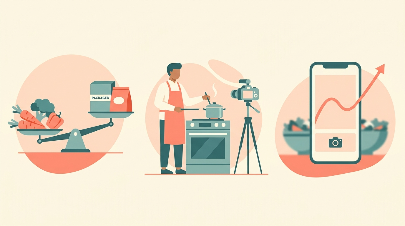 Three news cards: a balance scale weighing whole vegetables against packaged food, a chef cooking on a filmed cooking show, and a smartphone showing a predicted glucose curve above a photographed meal