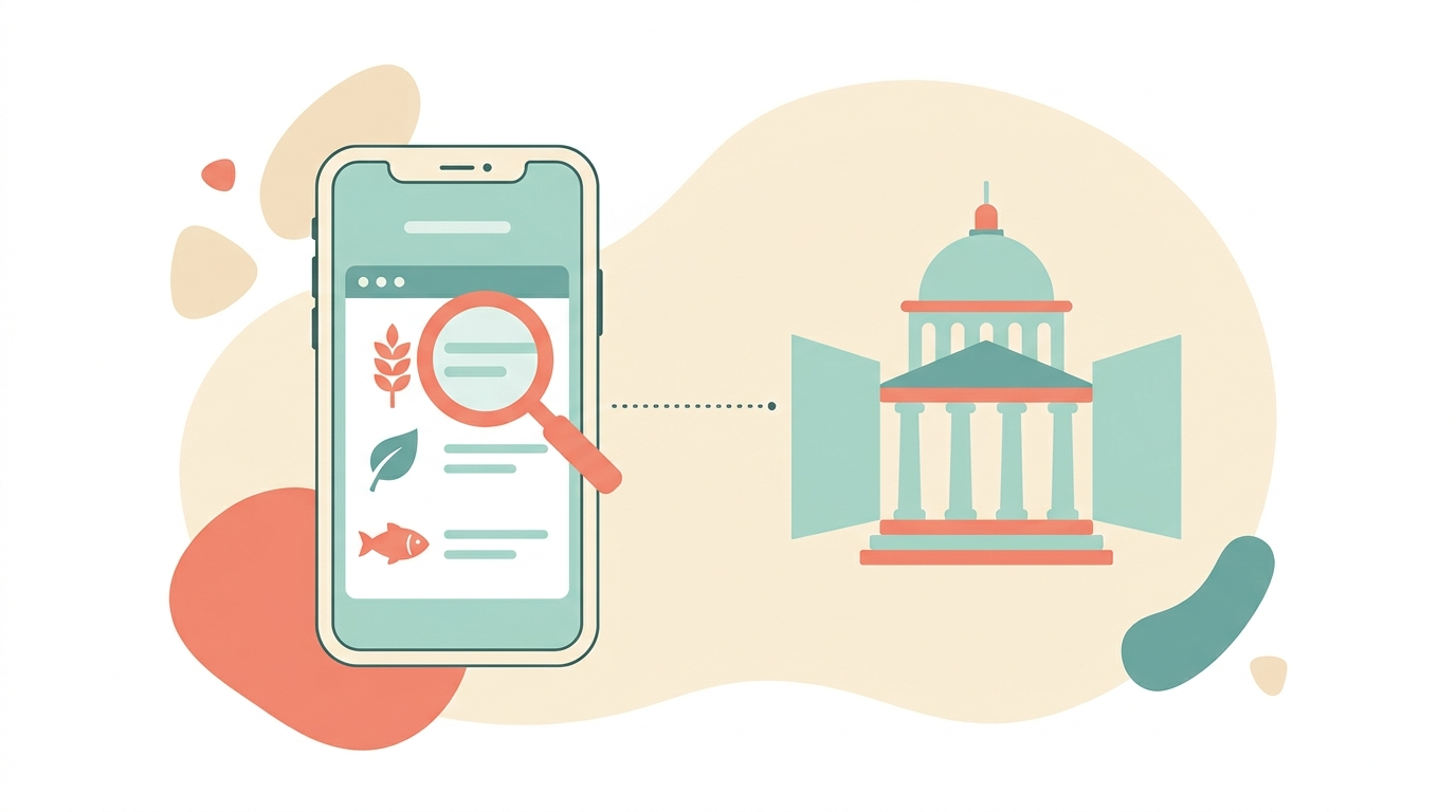 A phone displaying a searchable nutrient database with a magnifying glass over ingredient icons, beside an open government-building icon