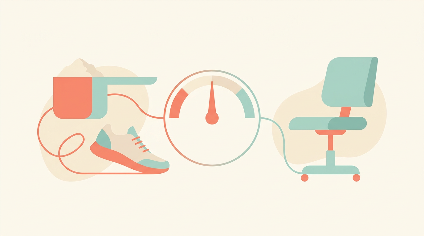 A measuring scoop of protein powder and a running shoe balanced against a desk chair on either side of a simple dial, suggesting the right amount of protein depends on how much a person moves