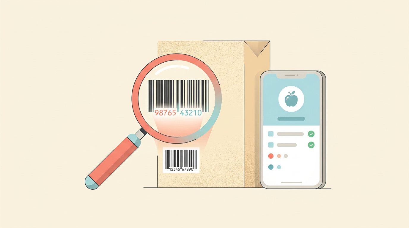 A magnifying glass hovering over a barcode on a food package, revealing a slightly different corrected number underneath, beside a smartphone showing a food-logging interface
