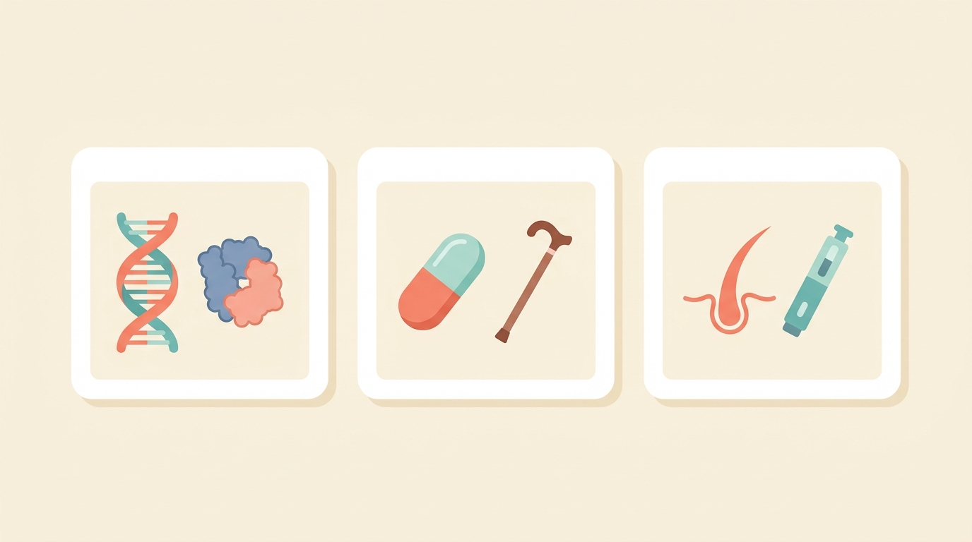 Three news cards: a strand of DNA intertwined with a protein molecule, a multivitamin capsule beside a walking cane, and a hair strand beside a small medical injection pen