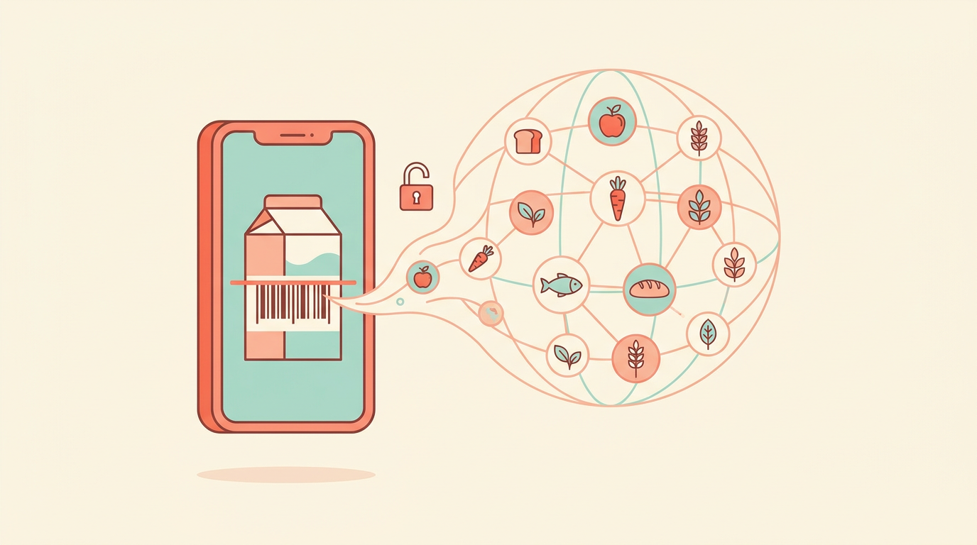 A smartphone scanning a barcode on a grocery product, with a soft network of small food icons flowing out of the phone symbolizing an open crowdsourced database