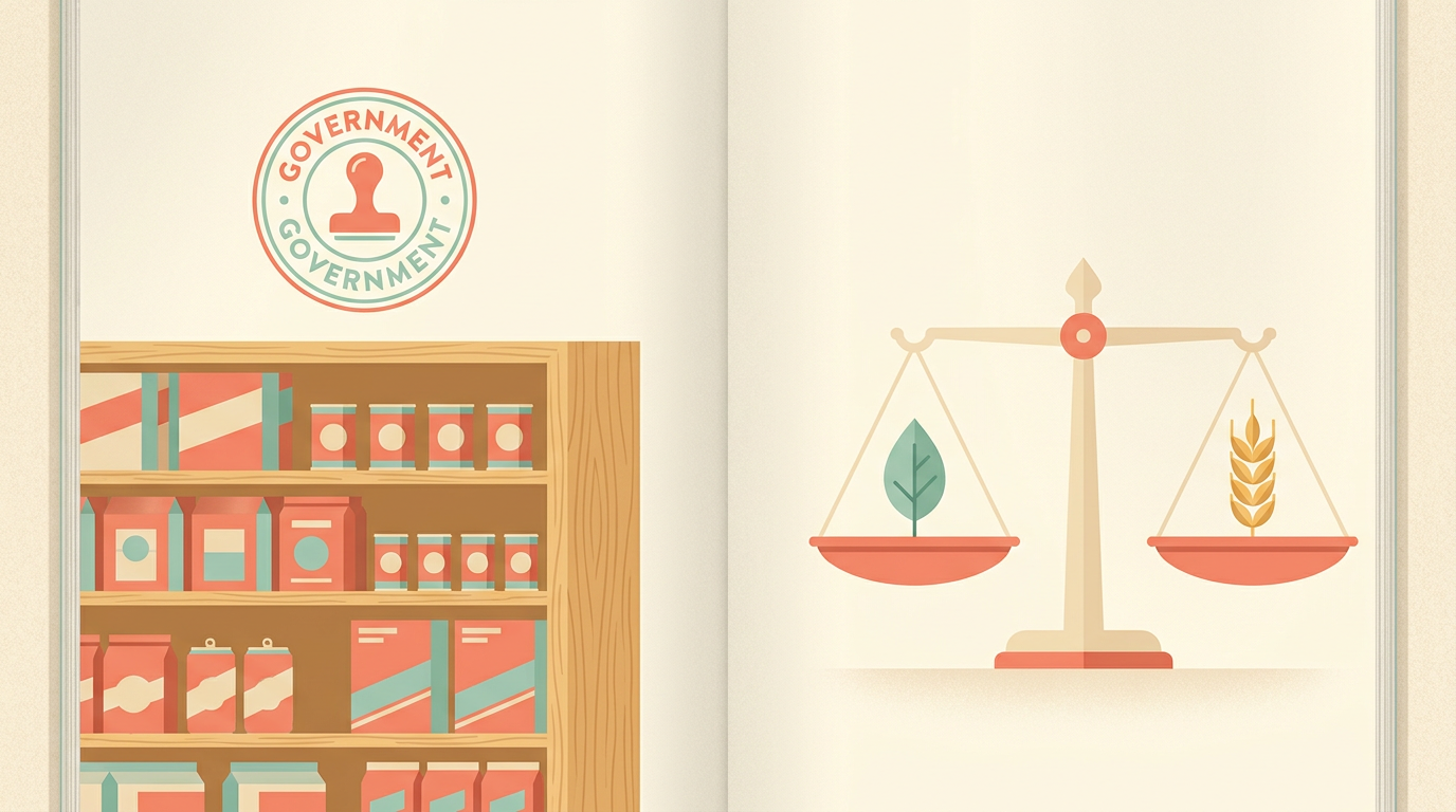 A circular government stamp icon hovering mid-press above a shelf of packaged grocery foods, beside a balance scale weighing a leaf against a grain of wheat, symbolizing a federal definition landing on food while the deeper question of nutrient quality still goes unweighed