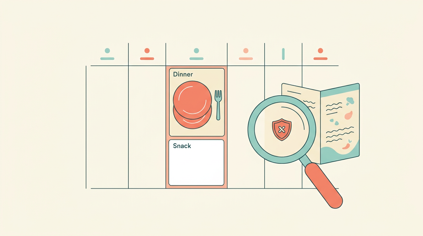 A weekly meal-plan calendar grid with one day's dinner slot showing two identical plates stacked and a neighboring snack slot left empty, beside a magnifying glass revealing a small shield-shaped allergen warning icon hidden in a recipe card