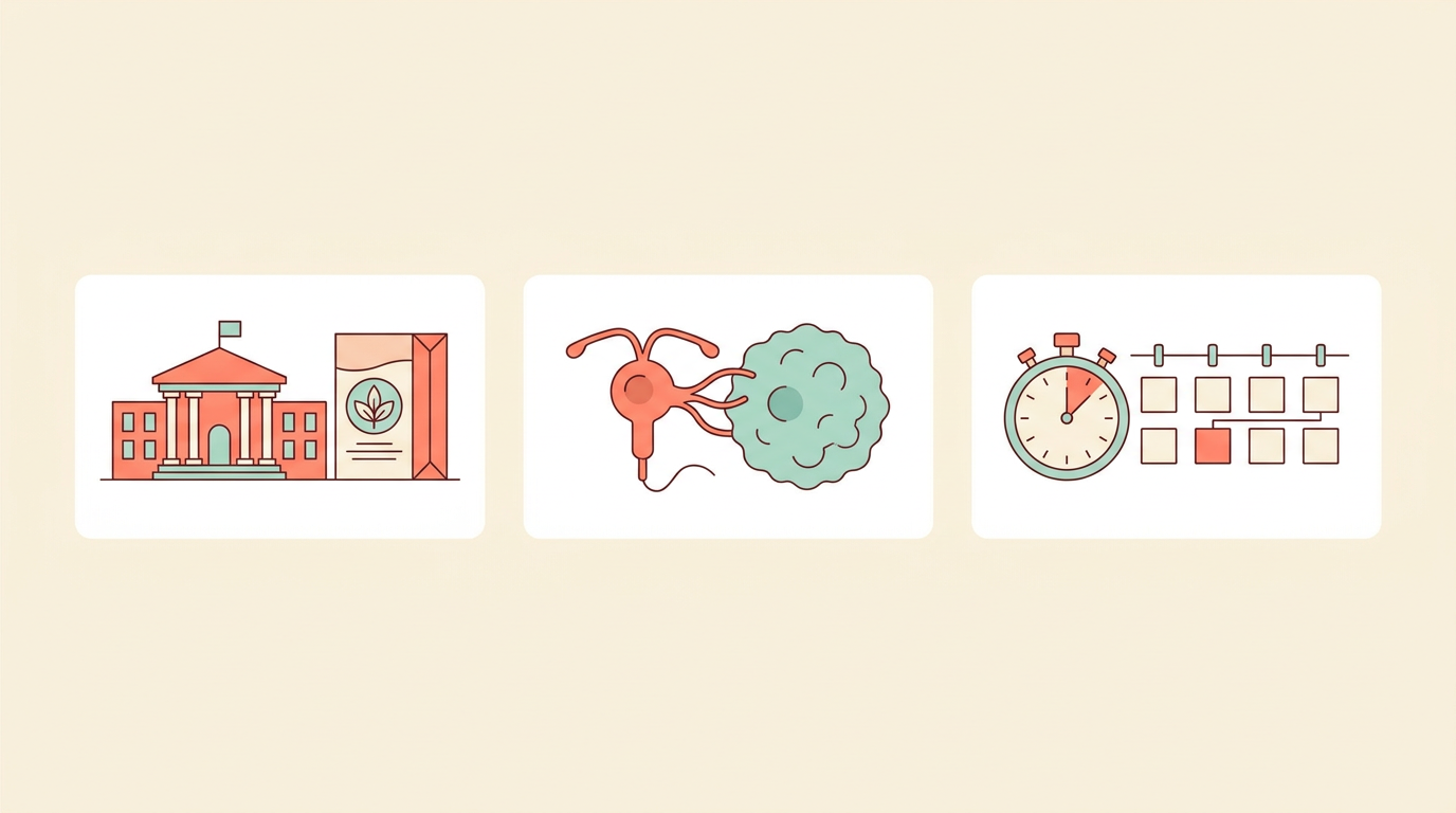 Three news cards: a small classical government building beside a packaged food box, a T-shaped immune cell recognizing a tumor cell, and a stopwatch beside a single highlighted day among a row of seven calendar squares