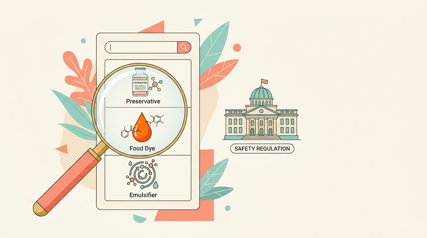 A magnifying glass hovering over a searchable list of small ingredient icons including a preservative bottle, a food dye drop and an emulsifier swirl, beside a small classical government building icon