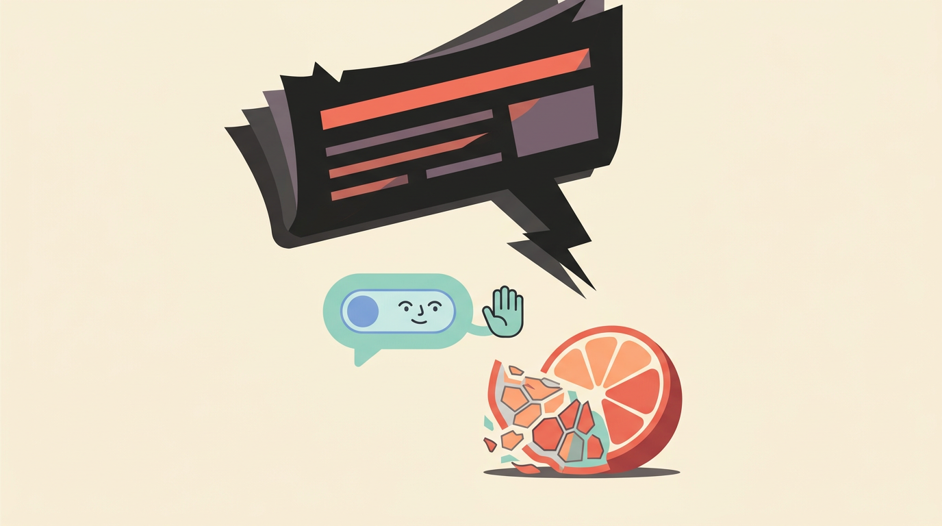 A large newspaper-headline-shaped speech bubble looming over a small piece of fruit with one section styled like a breaking cell, a calm chat-bubble assistant icon holding up a pause gesture between them