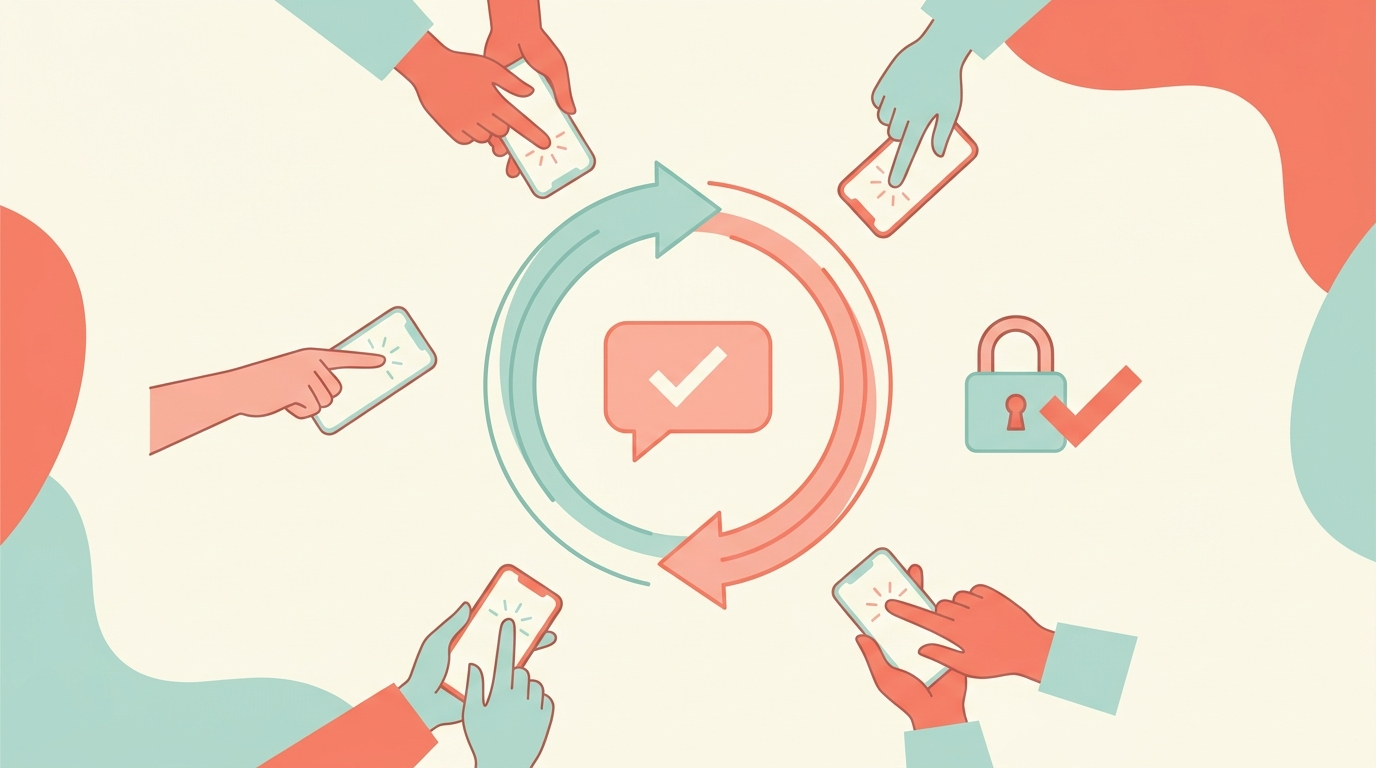 A chat bubble with a checkmark caught in a spinning circular arrow loop while several hands tap a phone screen around it, beside a padlock closing around a single checkmark