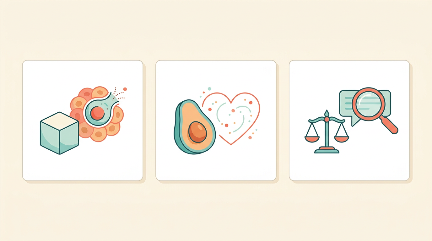 Three news cards: a sugar cube beside a cell breaking free from a cluster, an avocado half beside a heart outline with small circulating particles, and a courthouse scale beside a chat bubble with a magnifying glass