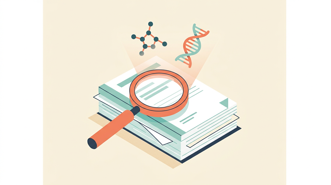 A magnifying glass hovering over a neat stack of academic journal papers, with a small molecule and a DNA strand rising softly out of the pages