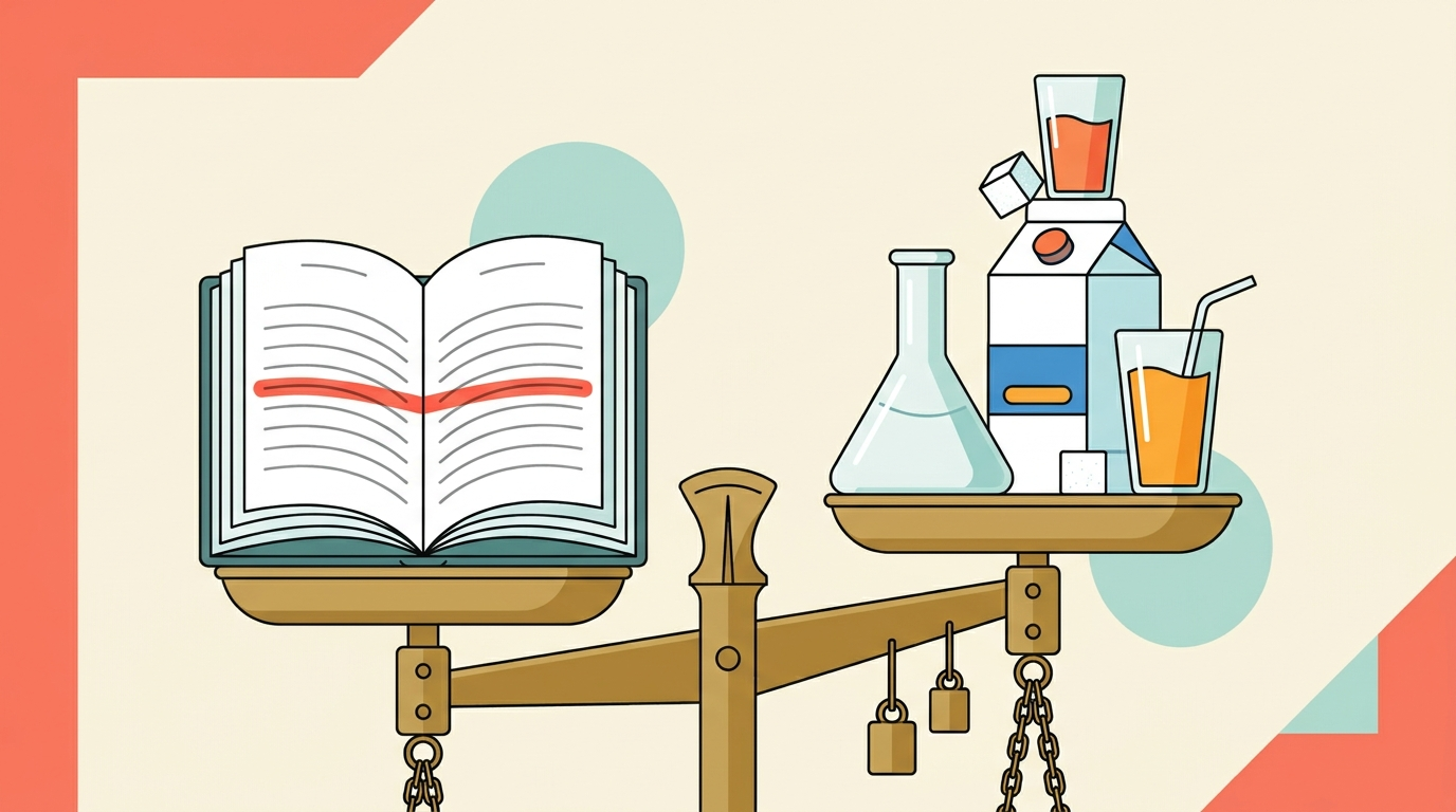 An open rulebook with one rule struck through by a thick red line, resting on one side of an old-fashioned balance scale, balanced against a laboratory flask, a milk carton, a sugar cube, and a glass of orange juice on the other side