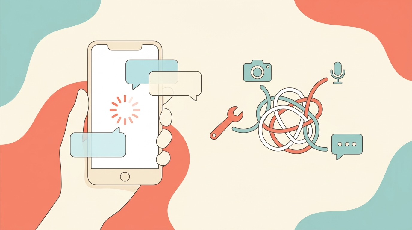 A smartphone screen frozen mid-tap, showing a spinning loading circle trapped behind two overlapping translucent dialog windows, with a small wrench untangling a knot of connecting lines between a camera icon, a microphone icon, and a chat bubble icon