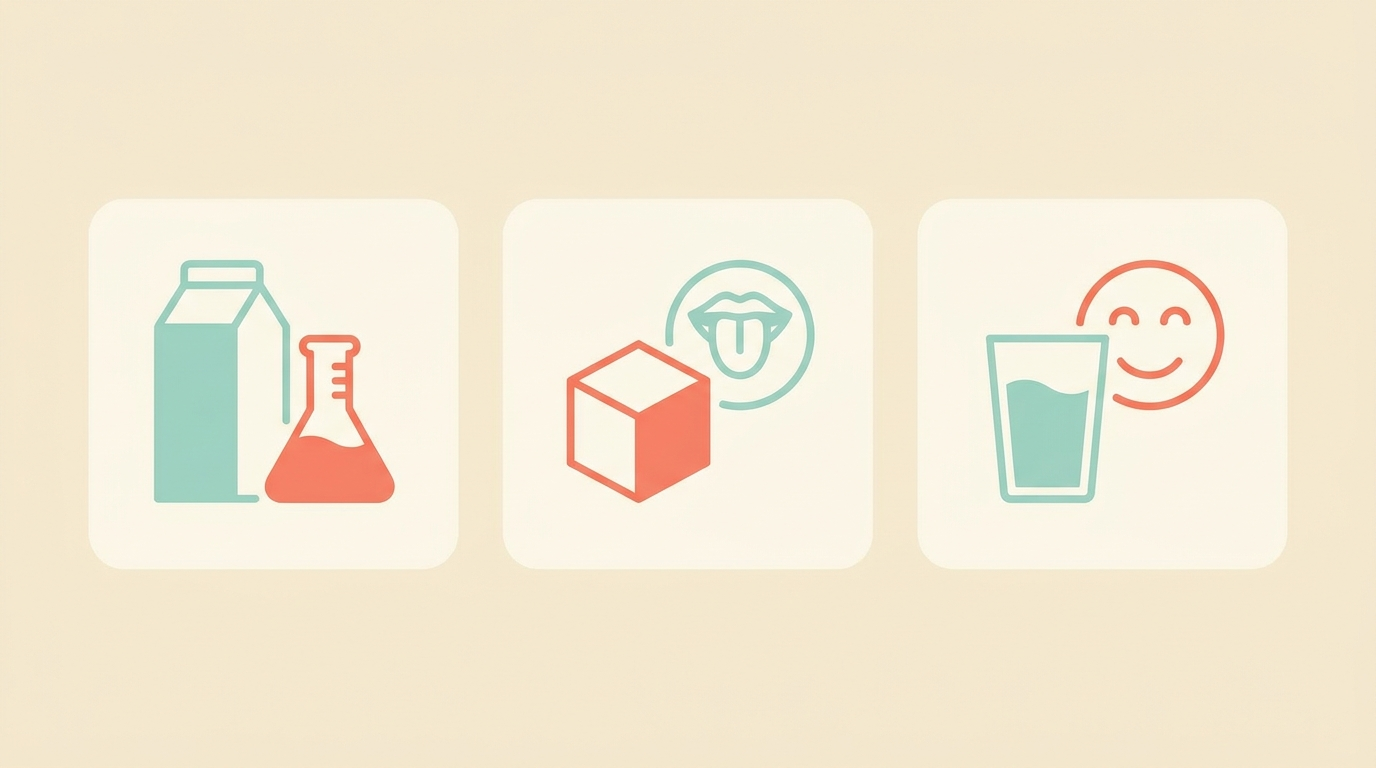 Three small news-card vignettes: a milk carton beside a laboratory flask, a sugar cube beside a taste-bud icon, and a glass of orange juice beside a small smiling face outline