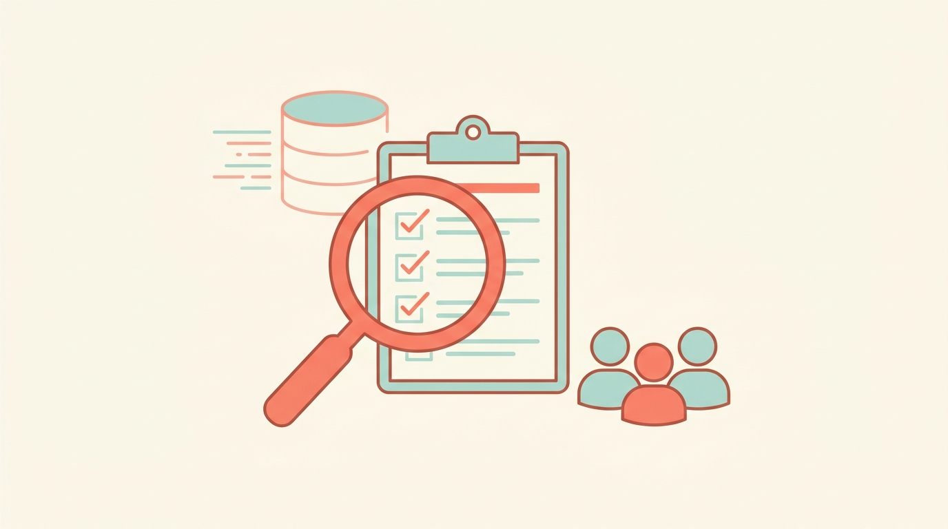 A magnifying glass hovering over a clipboard holding a checklist, beside a small cluster of simple rounded human silhouette icons representing trial participants, with a subtle database cylinder icon in the background