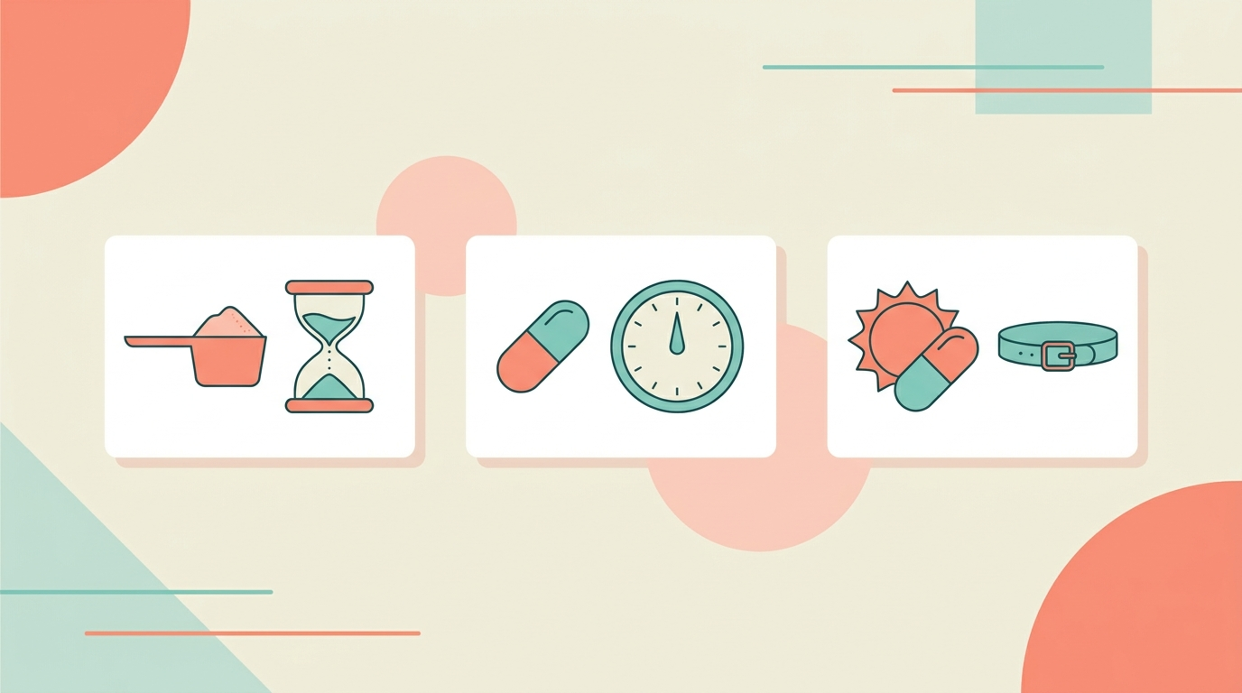 Three news-card vignettes: a measuring scoop of protein powder beside a slow hourglass, a pill capsule beside a descending scale needle, and a sun fading behind a vitamin capsule next to a belt icon