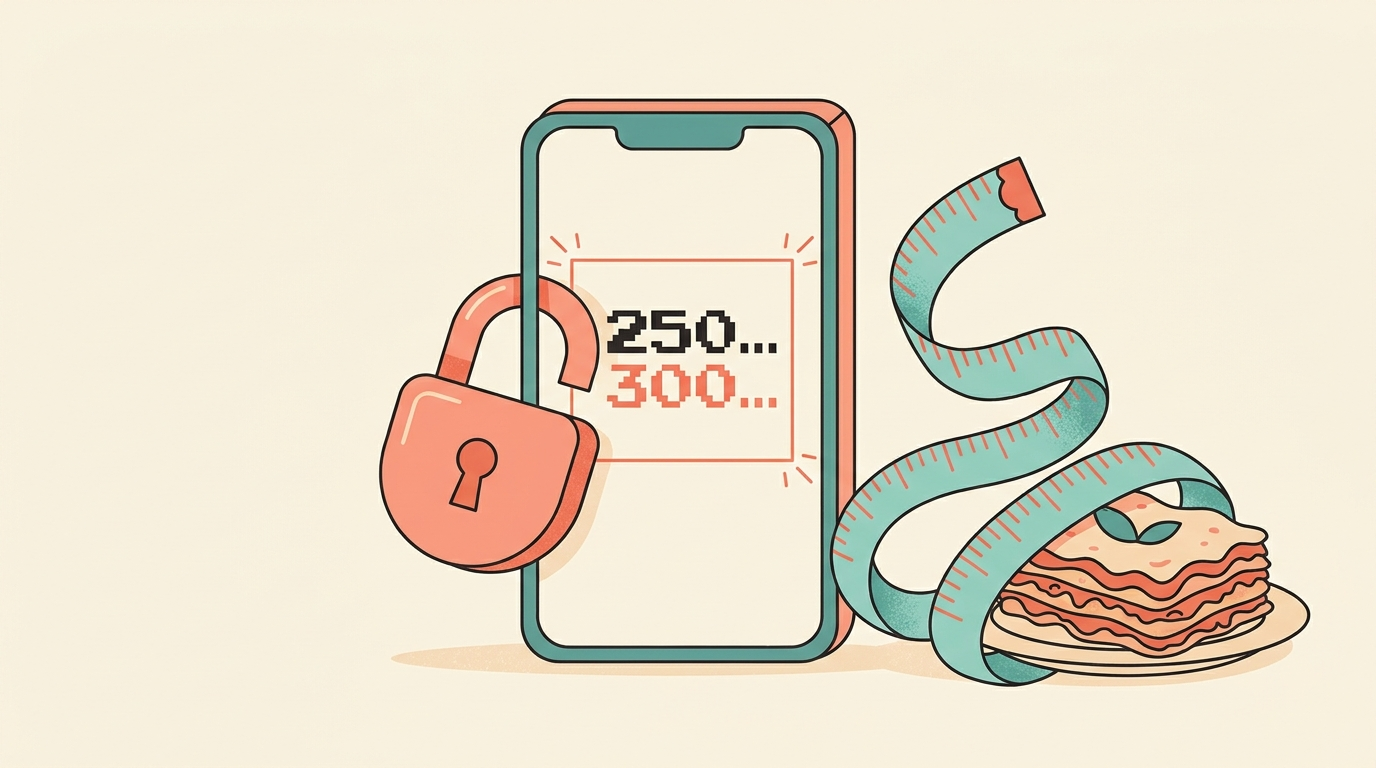 A smartphone screen shows a calorie number caught mid-flicker between two values with a small padlock closing around it, beside a tape measure wrapped around a slice of lasagna