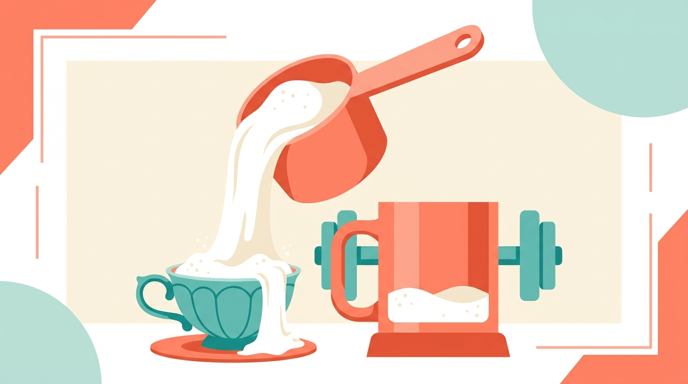 An oversized measuring scoop pours an identical stream of protein powder into two very different vessels, a small teacup already overflowing and a large barbell-shaped mug still nearly empty
