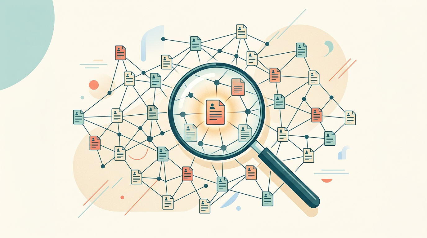 A magnifying glass hovers over an open network graph of connected document icons, representing a scholarly citation database, with one node glowing softly