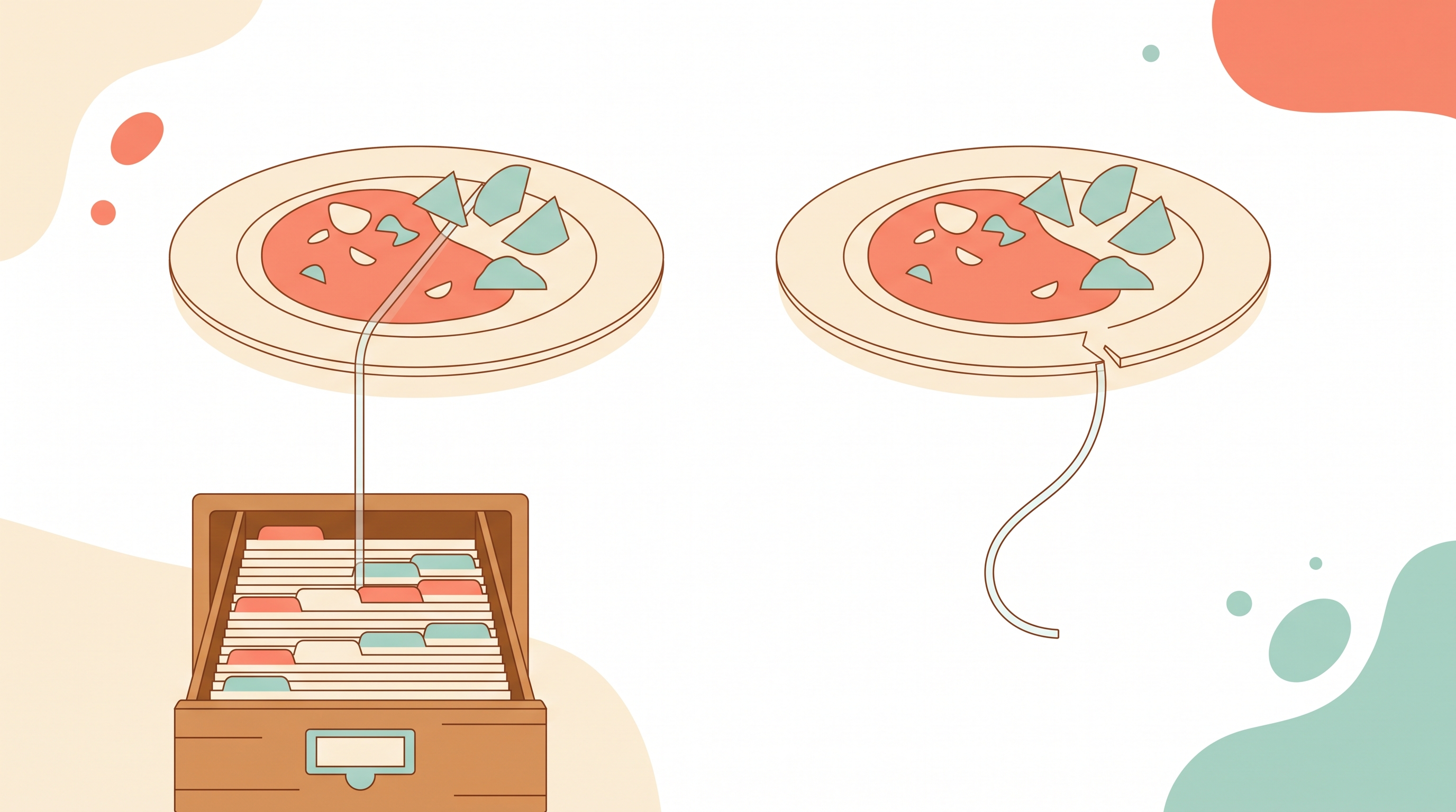 Two identical plated meals side by side, the left one connected by a taut thread running down into an open card-catalog drawer of index cards, the right one's thread cut and dangling into empty space