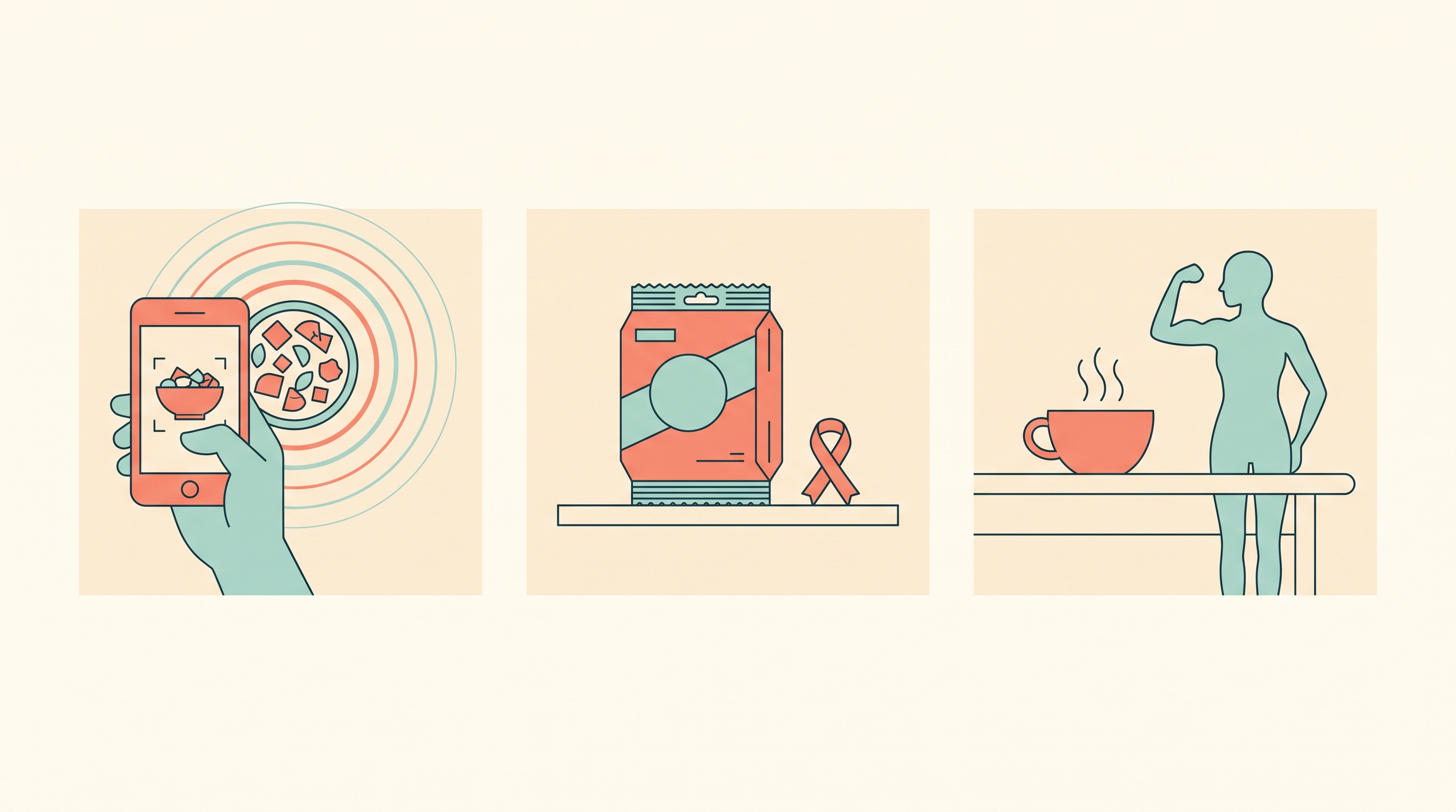 Three news-card vignettes: a smartphone photographing a bowl of food with nutrient rings radiating from it, a packaged snack carton beside a medical awareness ribbon, and a steaming coffee cup beside a figure flexing an arm