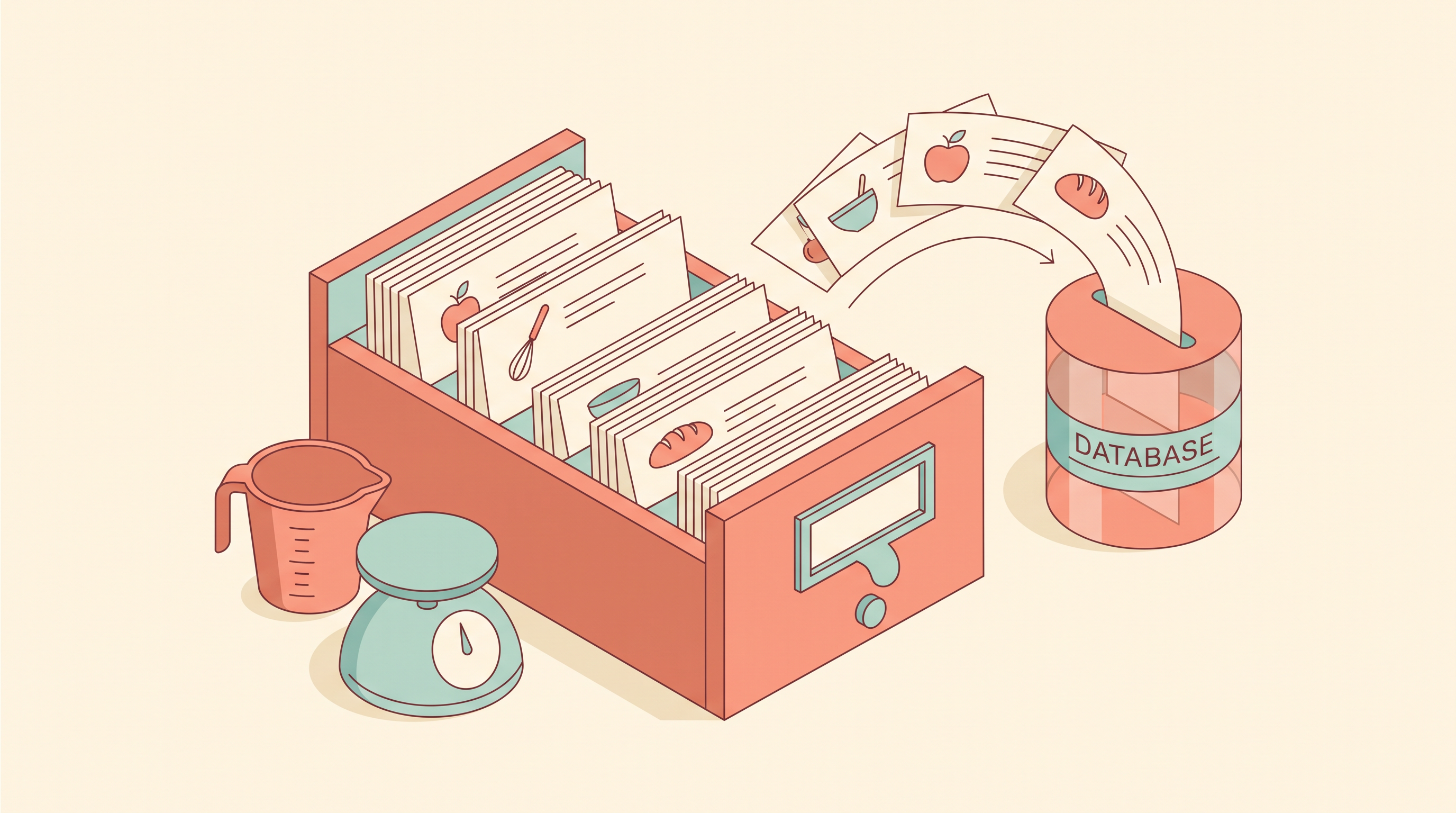 An open library card-catalog drawer of index cards, each showing a food icon, with a measuring cup and kitchen scale beside it and a database cylinder feeding fresh cards into the drawer