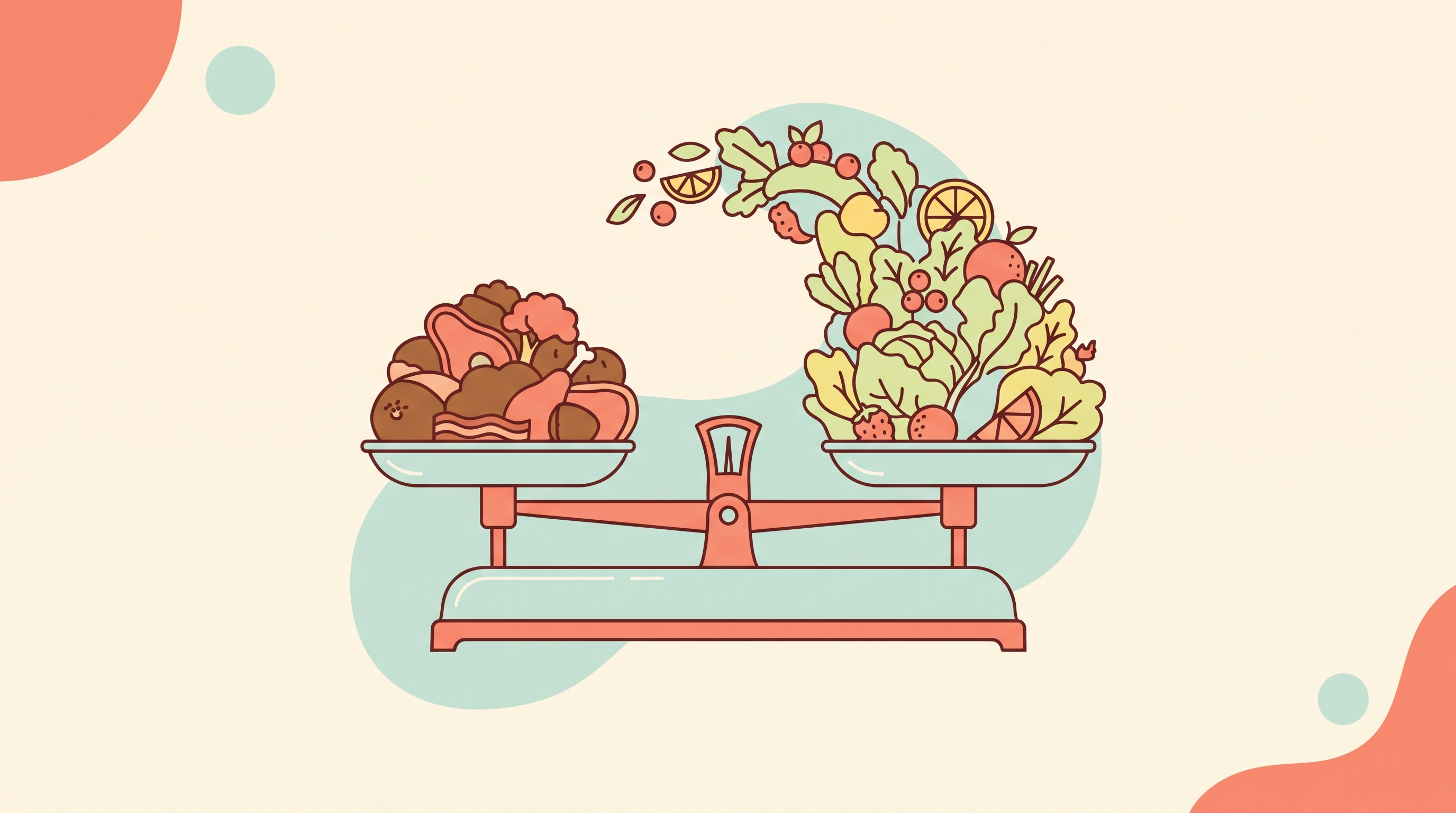 A vintage two-pan balance scale sits perfectly level, one pan holding a small dense mound of rich food and the other an overflowing pile of colorful vegetables and fruit reaching much higher