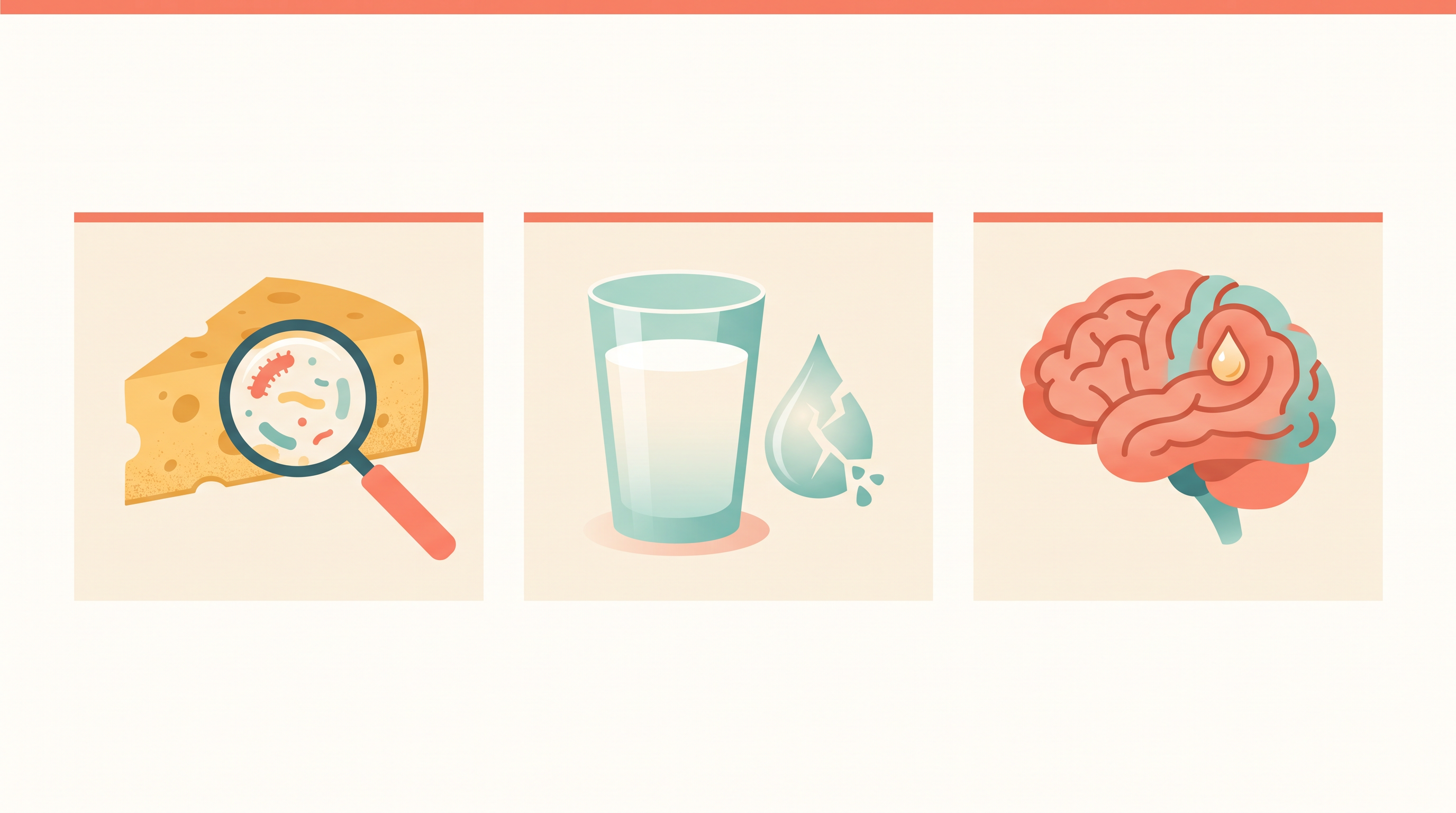 Three news-card vignettes: a wedge of aged cheese with a magnifying glass revealing bacteria inside it, a glass of full-fat milk beside a cracked dairy droplet icon, and a stylized brain with a small fat droplet nestled inside it