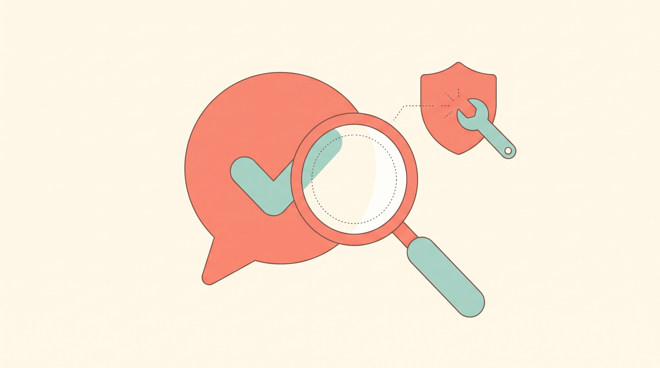 A chat speech bubble containing a checkmark icon, with a magnifying glass held over it revealing the space behind the checkmark is hollow and empty, beside a small shield icon being repaired with a wrench