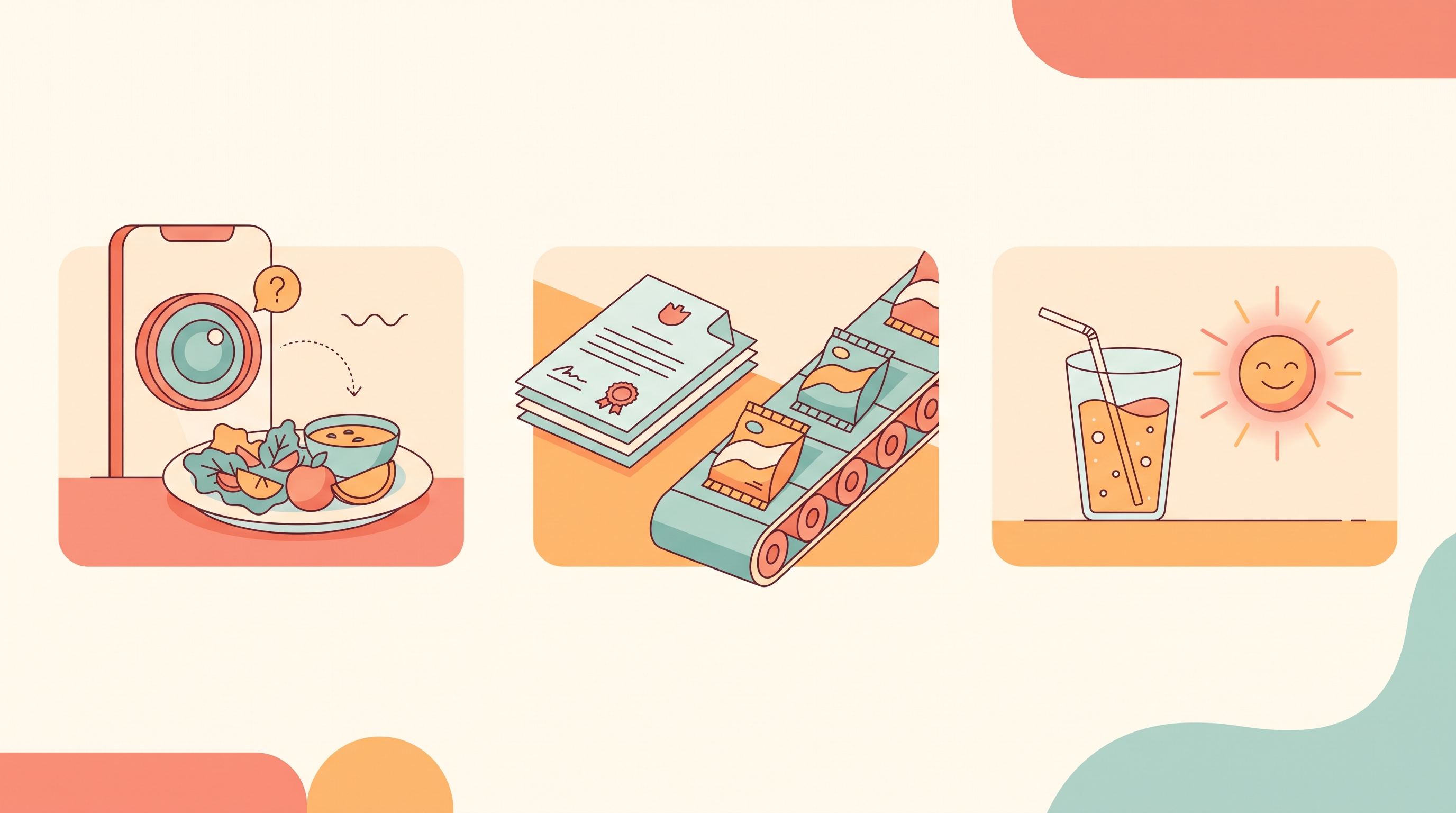 Three news-card vignettes: a smartphone camera lens hovering uncertainly over a plate of food, a stack of government policy documents beside a conveyor belt of packaged snack food, and a glass of orange juice beside a small glowing sun-like mood icon