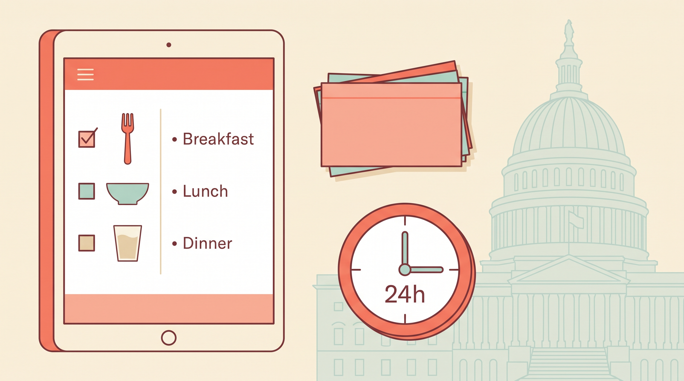 A tablet screen showing a structured daily food diary checklist interface, beside a stack of index cards, a small clock icon showing 24 hours, and a subtle federal government building silhouette in the background