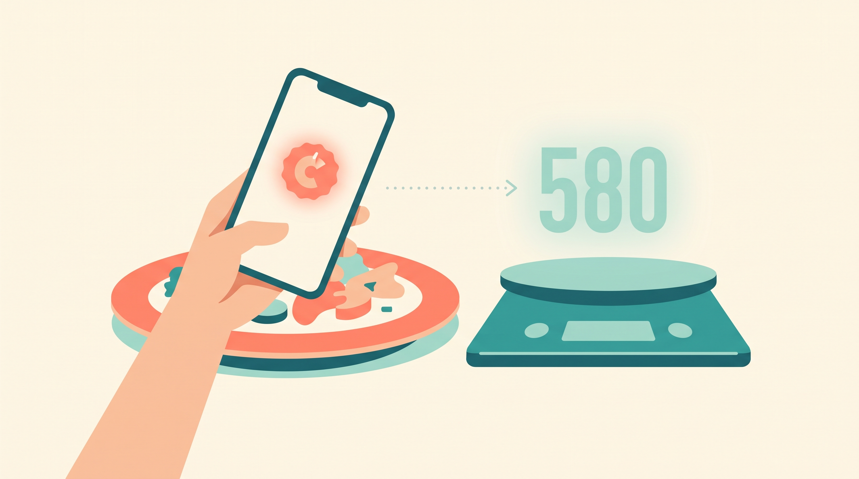 A smartphone held over a plated meal displays a glowing calorie badge on its screen, while a precise kitchen scale beside the plate shows a different, taller glowing number, illustrating the gap between an AI photo guess and a measured true weight