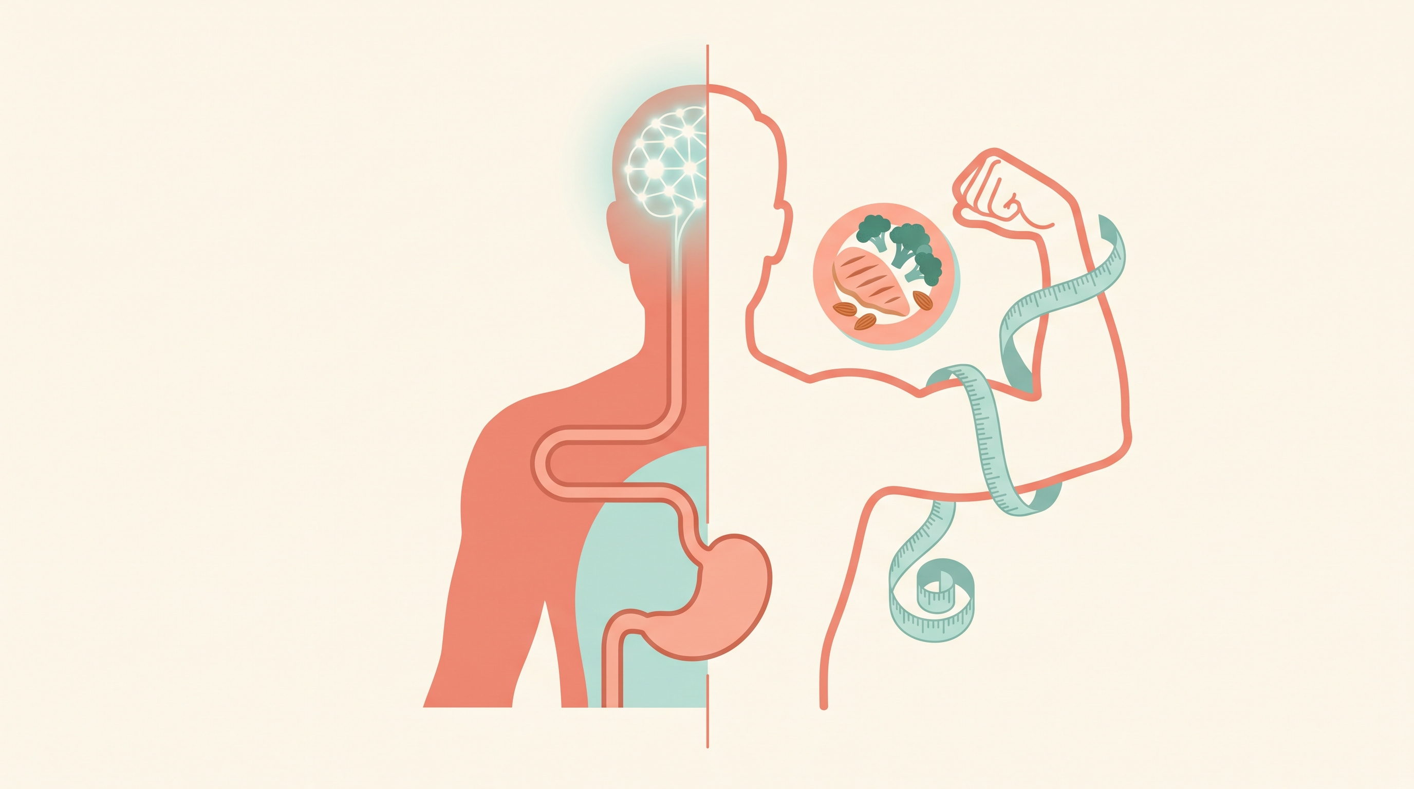 A human silhouette split down the middle, one side showing a glowing neural pathway running from the head to the stomach, the other side showing a flexed bicep wrapped in a measuring tape beside a small plate of protein-rich food