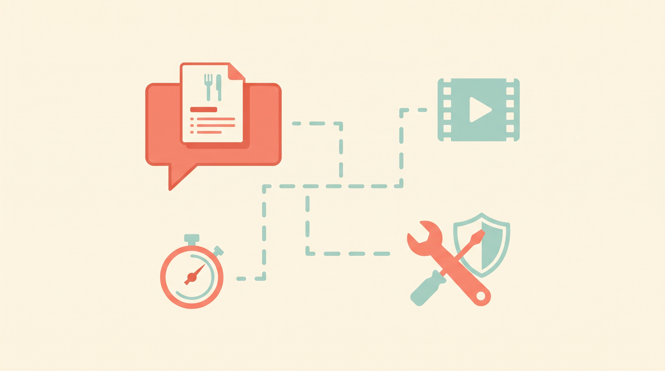 A chat speech bubble holding a small recipe card icon, connected by a broken dotted thread to a video reel icon, with a stopwatch and a wrench-and-shield repair icon nearby