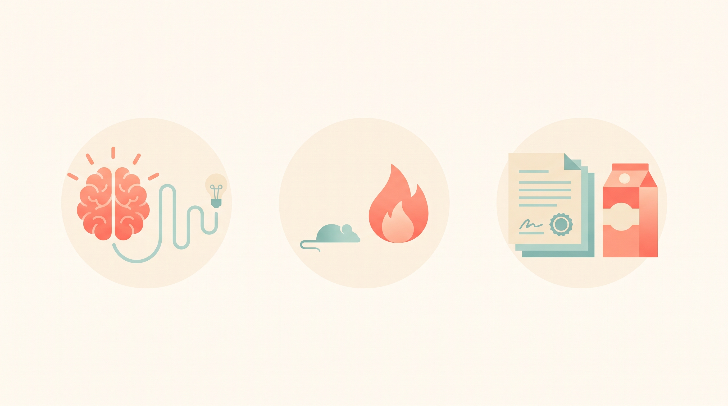 Three news-card vignettes: a glowing brain with an illuminated neural pathway, a small mouse silhouette beside a glowing energy flame icon, and a stack of official government document pages beside a food product carton