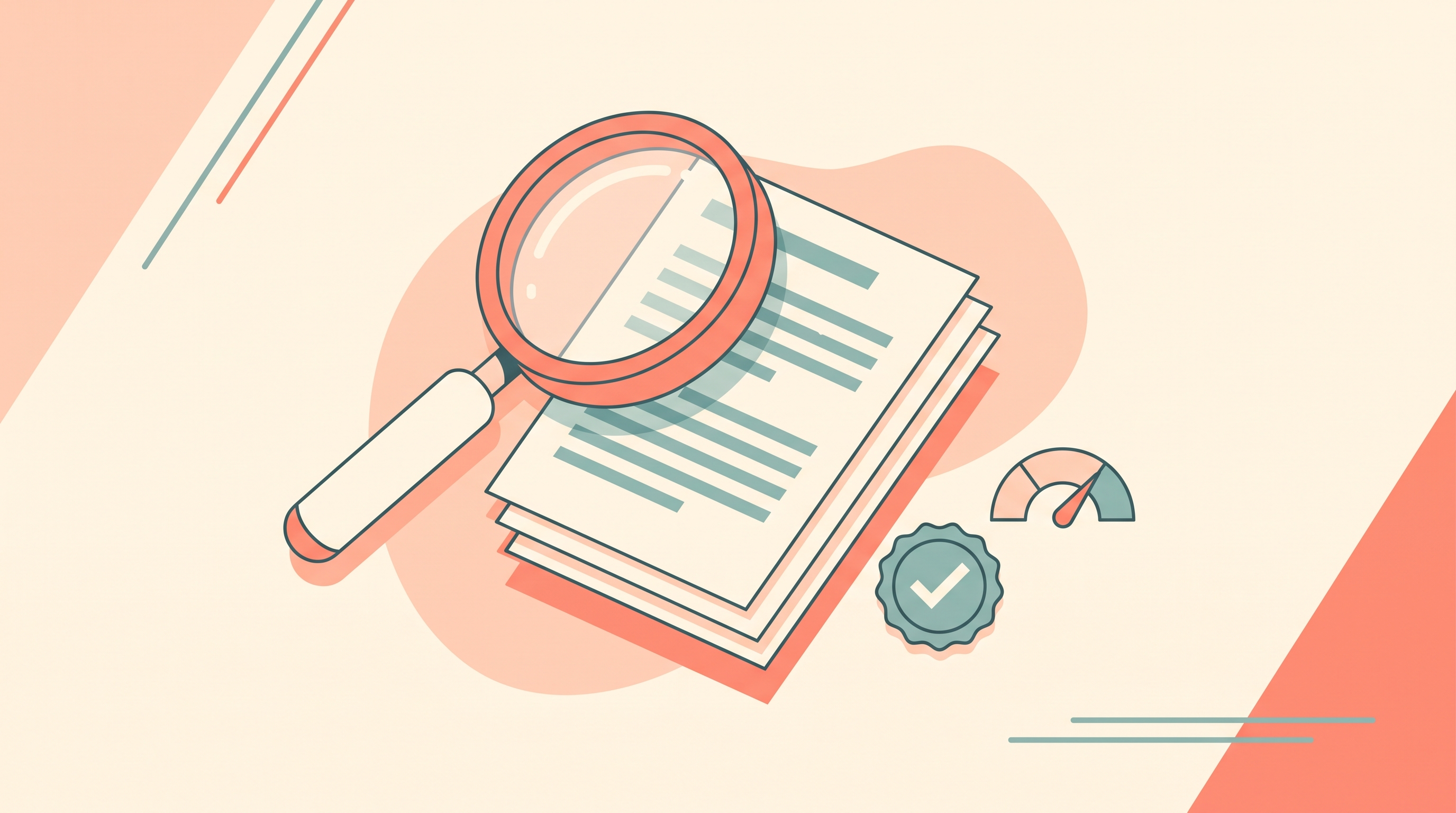 An open magnifying glass hovering over a small stack of research paper pages, beside a checkmark badge and a small confidence-meter gauge icon