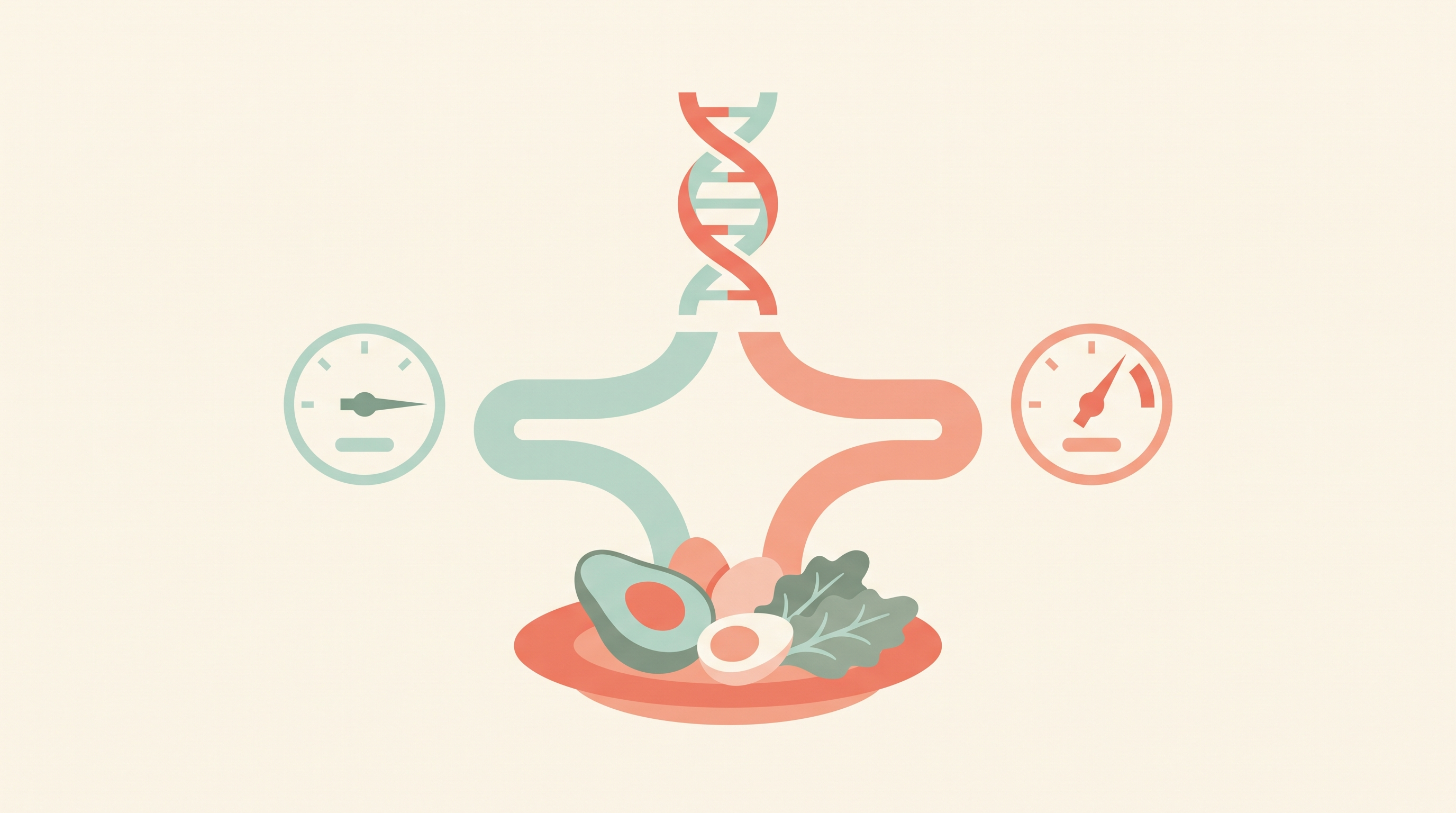 A DNA double helix splits into two diverging paths above a plate of low-carb food, one path leading to a calm steady gauge and the other to a gauge needle spiking upward, illustrating how genetics determine a person's cholesterol response to the same diet