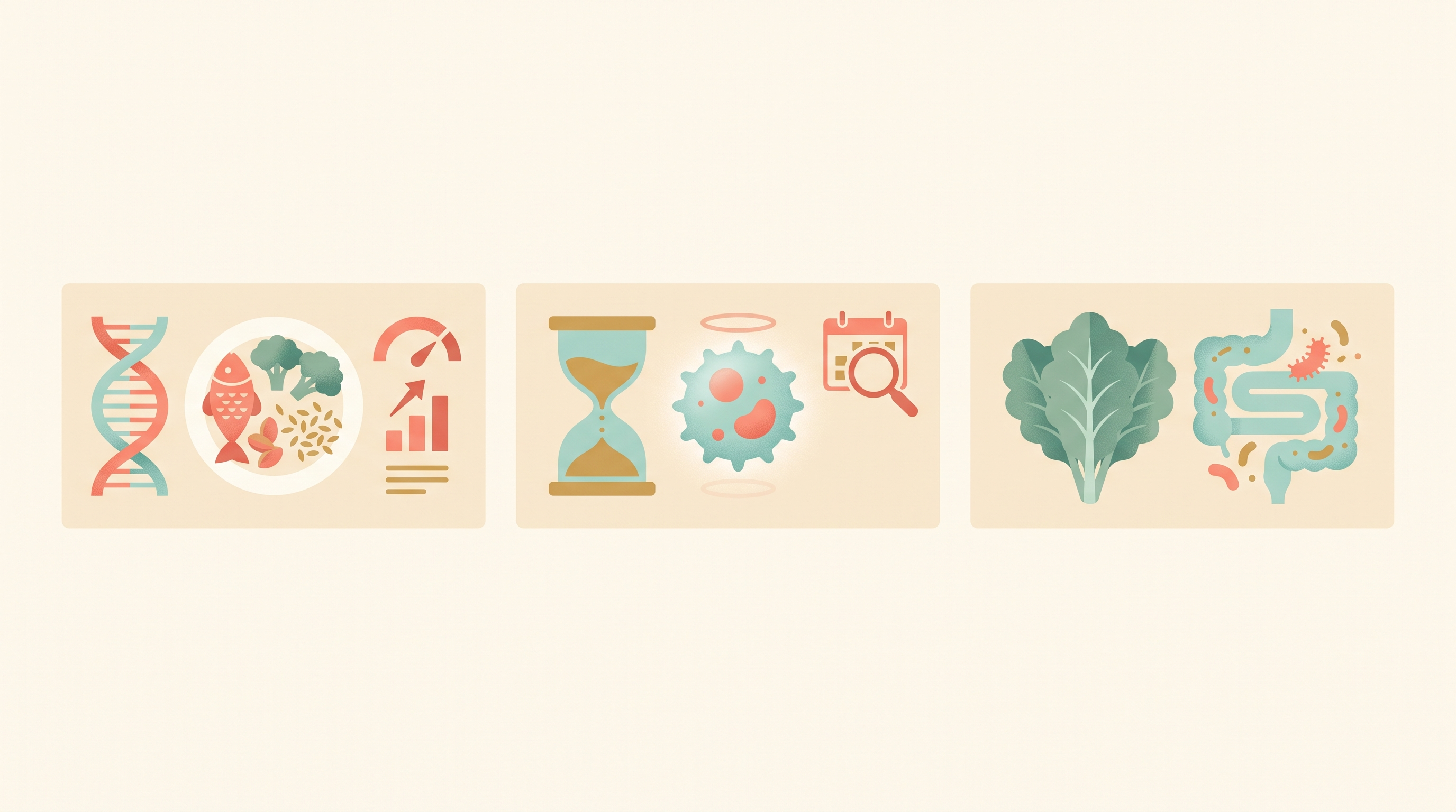 Three news-card vignettes: a DNA strand beside a plate of food and a rising cholesterol gauge, an hourglass beside a glowing immune cell representing calorie-restriction research, and a leafy green vegetable beside a stylized intestine and bacteria icon representing gut microbiome research