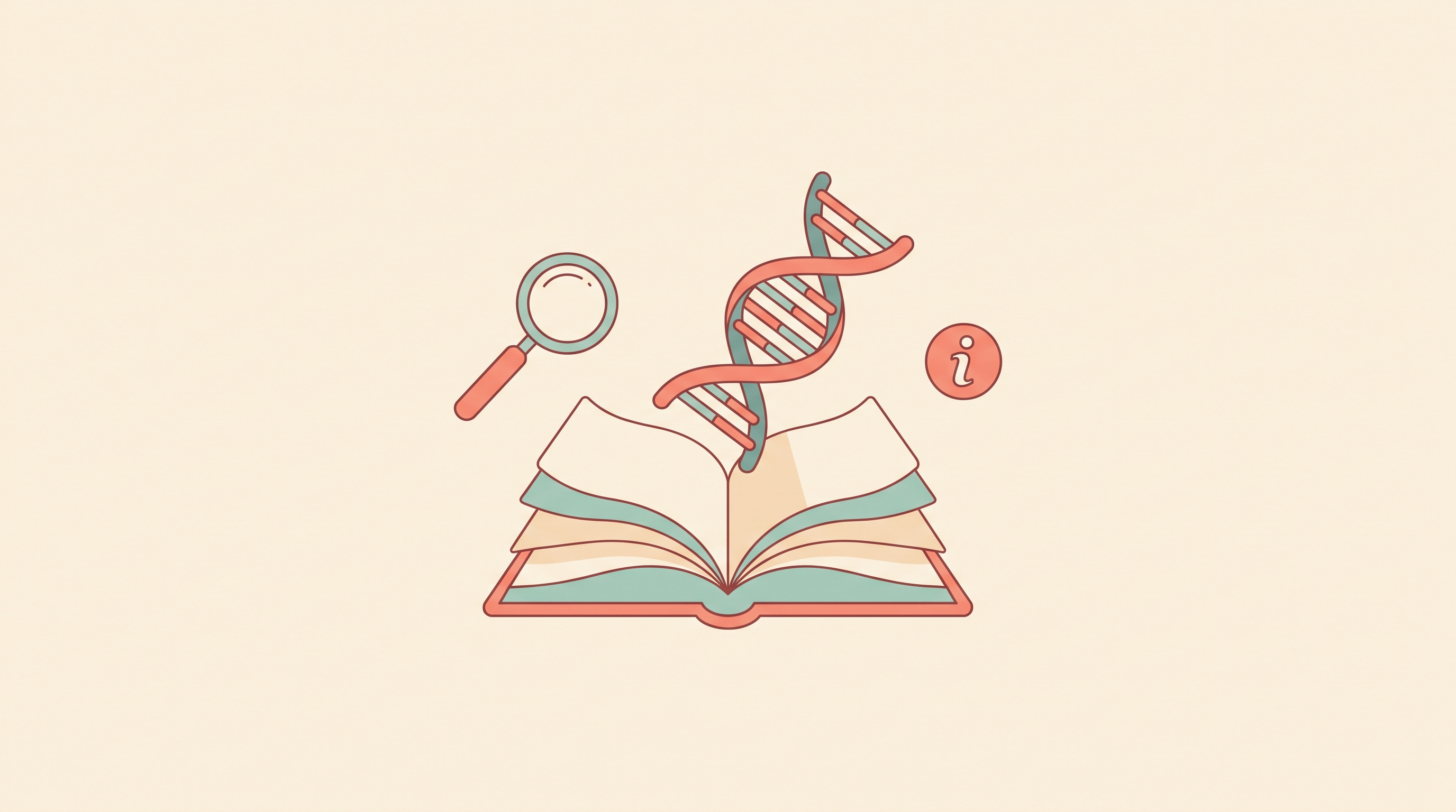 An open book with a DNA double helix rising from its pages, beside a magnifying glass and an information icon, representing a plain-language public genetics resource