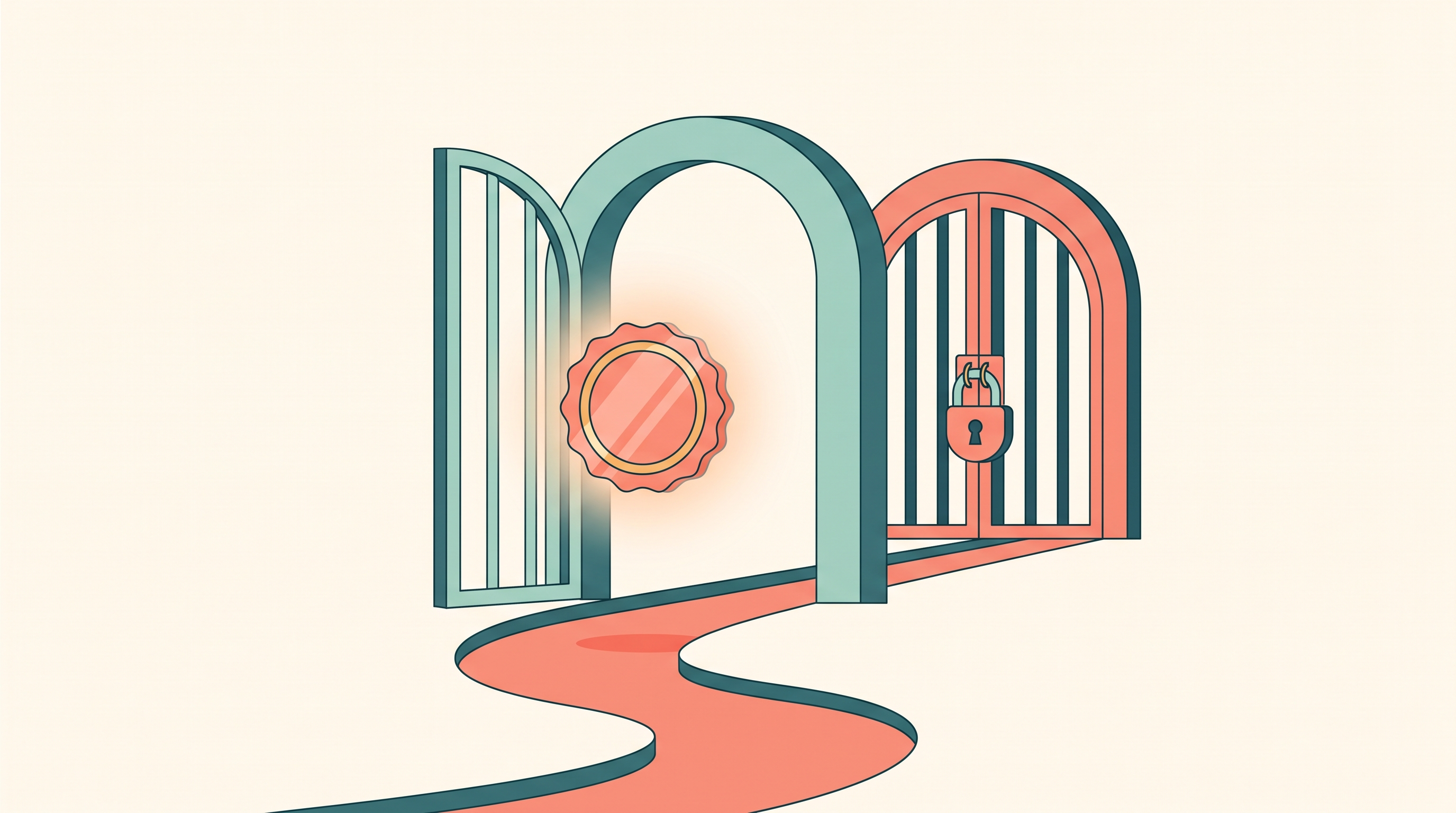 A glowing badge passes freely through one open archway gate but is stopped at a second locked gate just behind it on the same path, representing two systems meant to agree that quietly didn't