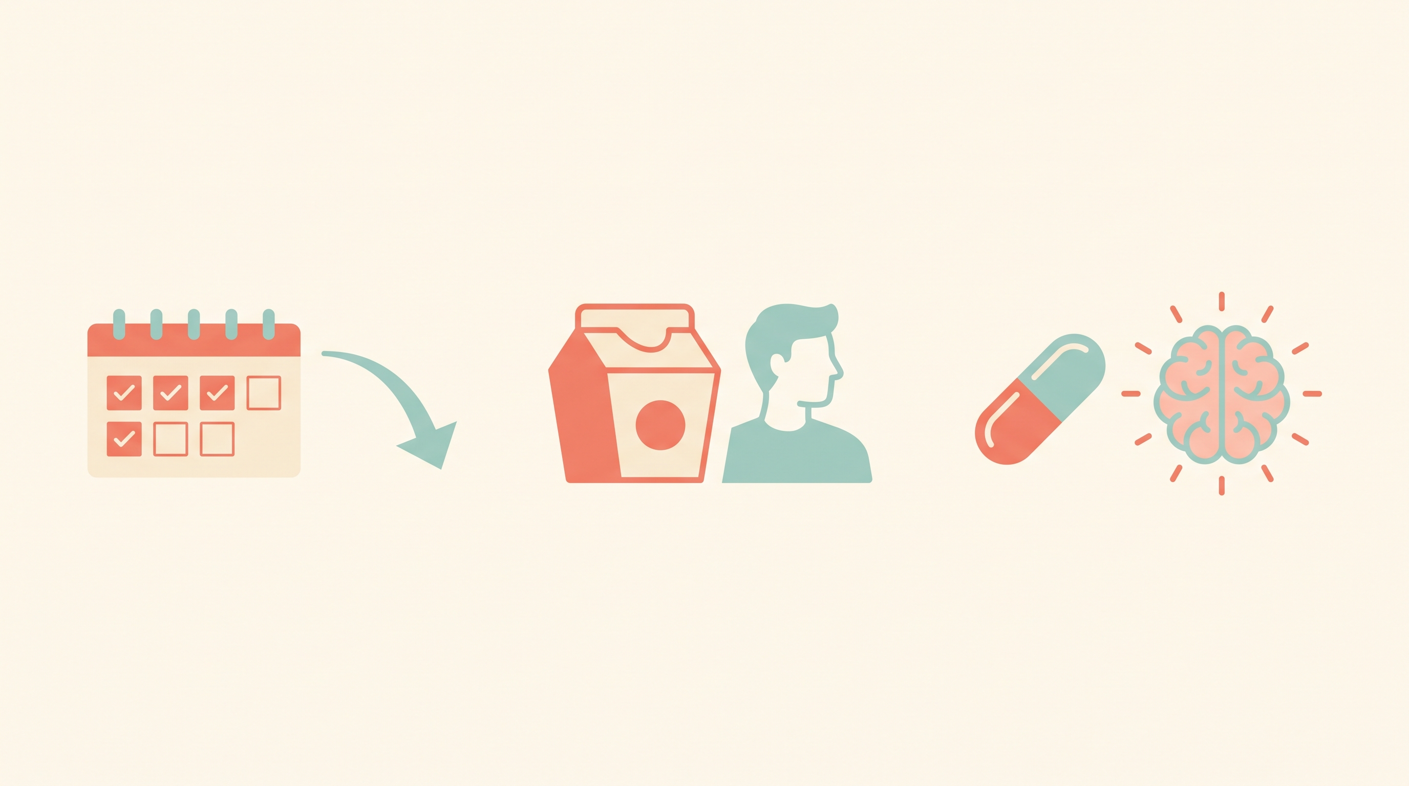 Three vignettes: a small weekly calendar with a mix of checked and unchecked days beside a gentle downward trend line, a food carton beside a simple male silhouette icon, and a vitamin capsule beside a glowing brain outline