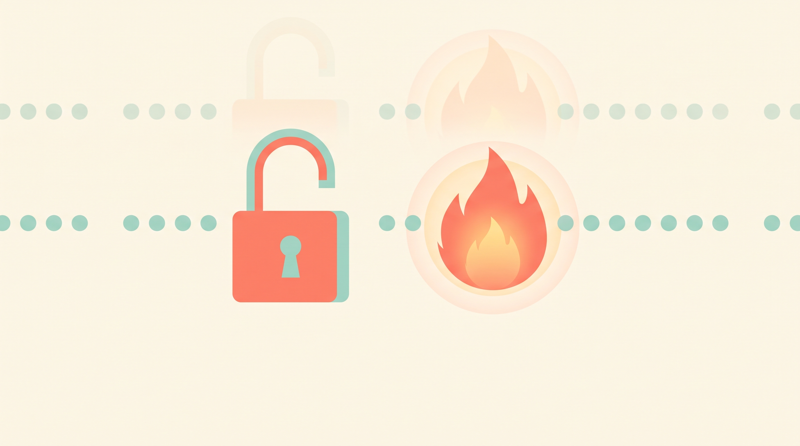 An open padlock beside a flame icon that stays lit and glowing even with a few gaps in a row of small day-markers behind it, representing a habit streak that bends without breaking