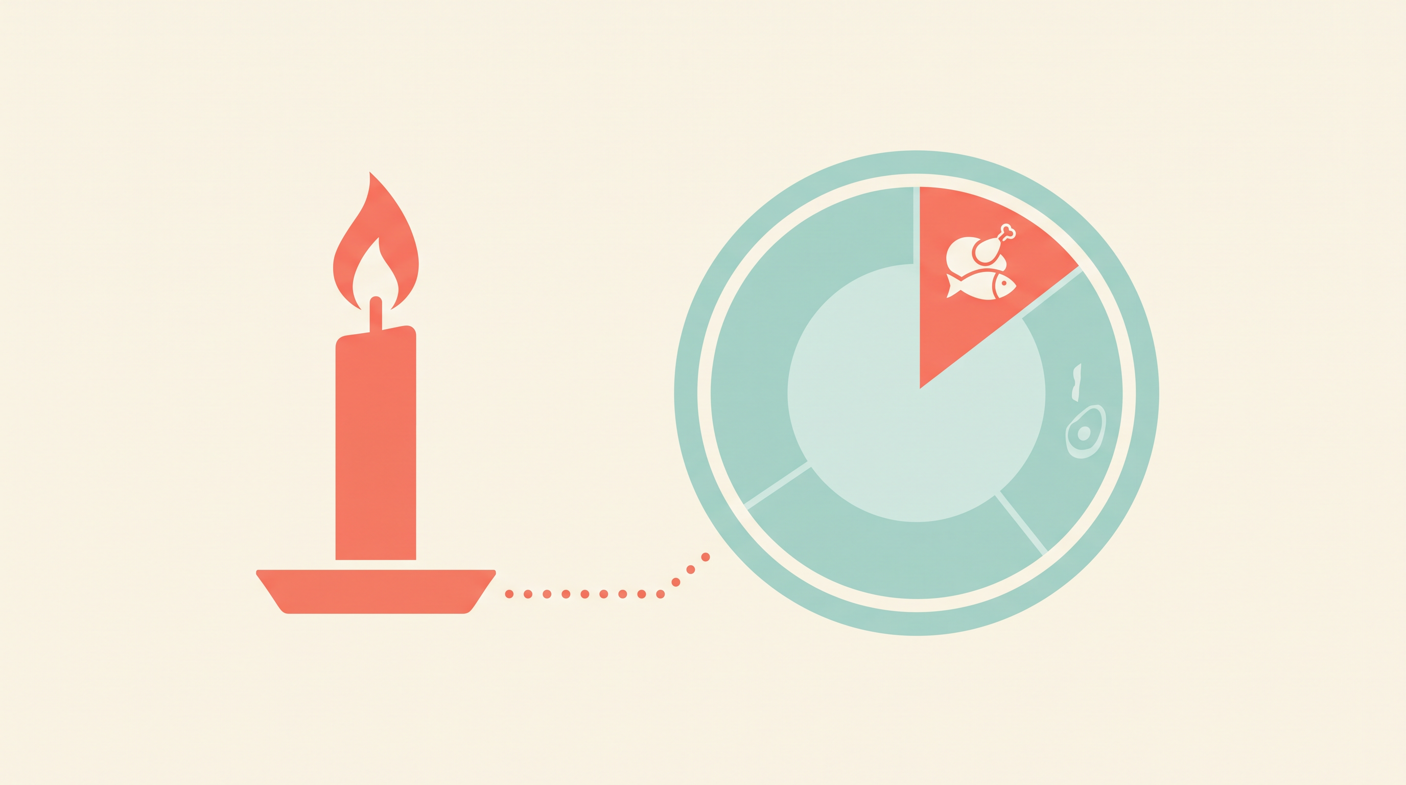 A birthday-candle silhouette beside a round macro nutrition gauge with a protein wedge, joined by a dotted line that stops just short of reaching the dial, illustrating a person's age never connecting to their protein calculation