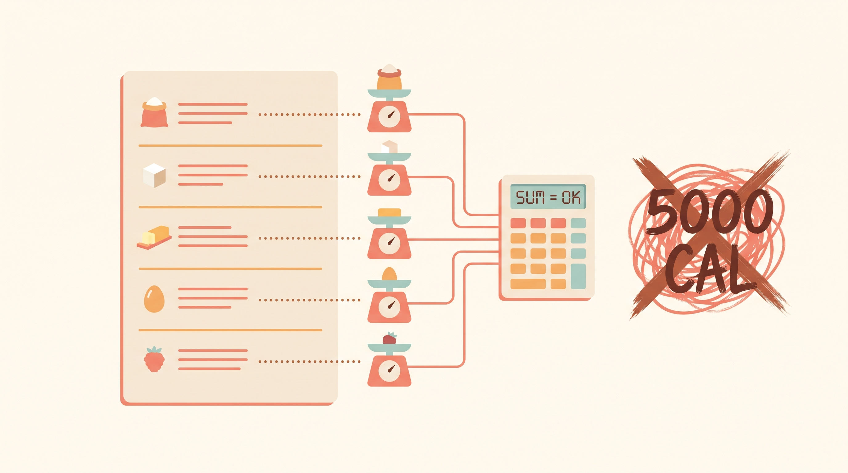 A recipe card with individual ingredient lines each being weighed on its own small kitchen scale, feeding into a calculator that sums them, beside a separate crossed-out messy total number representing an old, untrustworthy shortcut