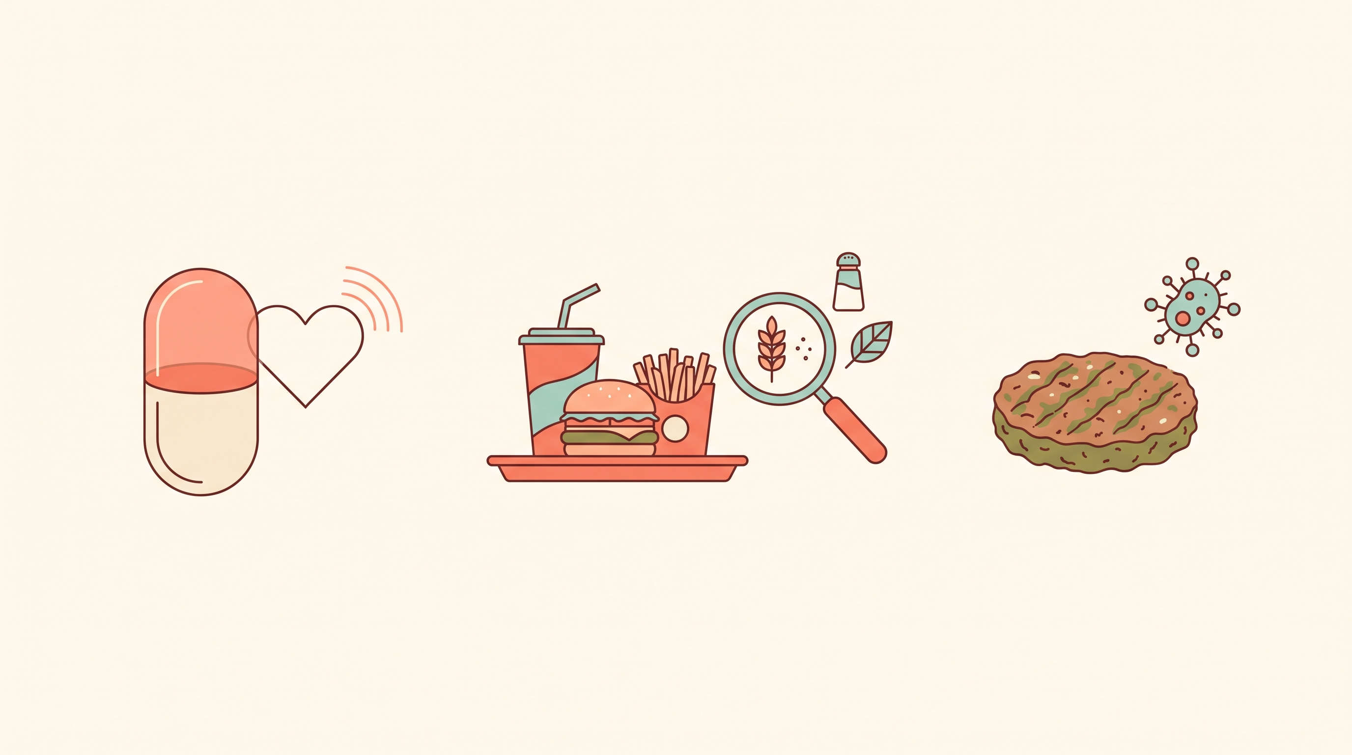 Three vignettes: a sleep capsule beside a heart outline with a warning pulse, a fast-food tray beside a magnifying glass over food ingredient icons, and a plant-based burger patty beside a small spore icon