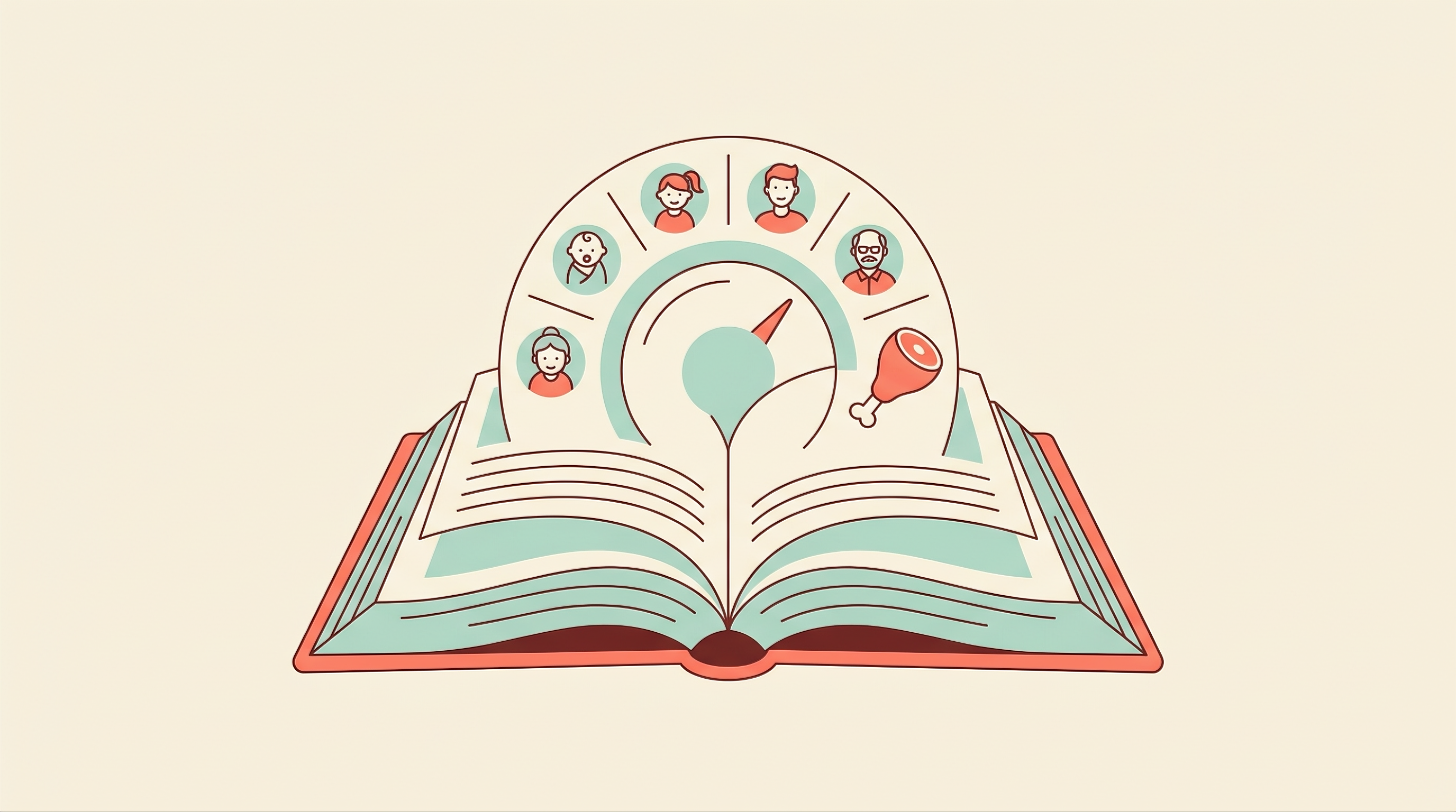 An open reference book with a simple dial interface rising from its pages, marked with small age-group icons from child to elderly beside a protein drumstick icon