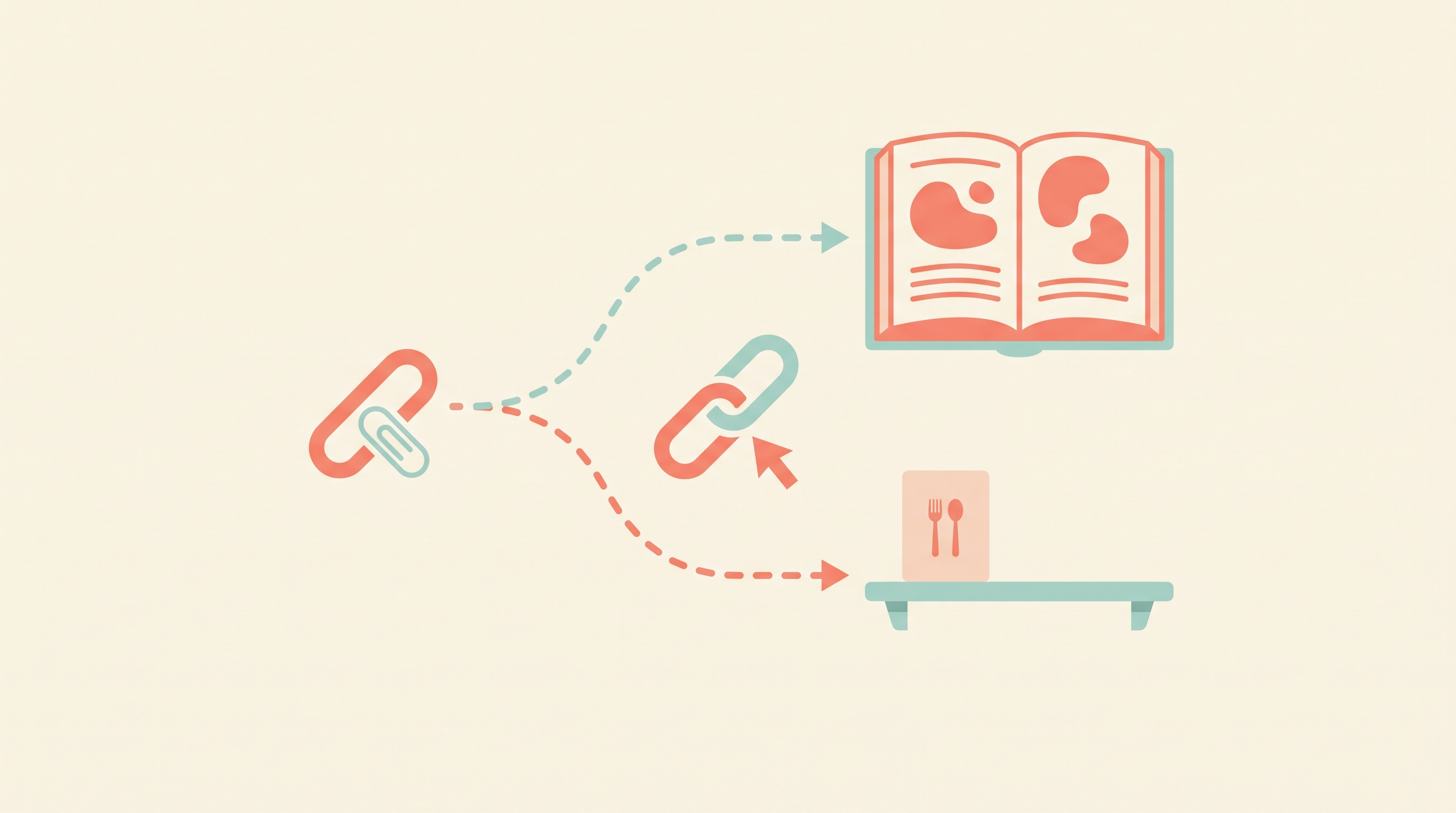 A pasted web link splitting into two paths at a fork in the road: one path leads into an open recipe book, the other leads to a small closed shelf holding a single untouched recipe card, representing an imported original quietly kept off the shelf while its adapted copy is saved into the book