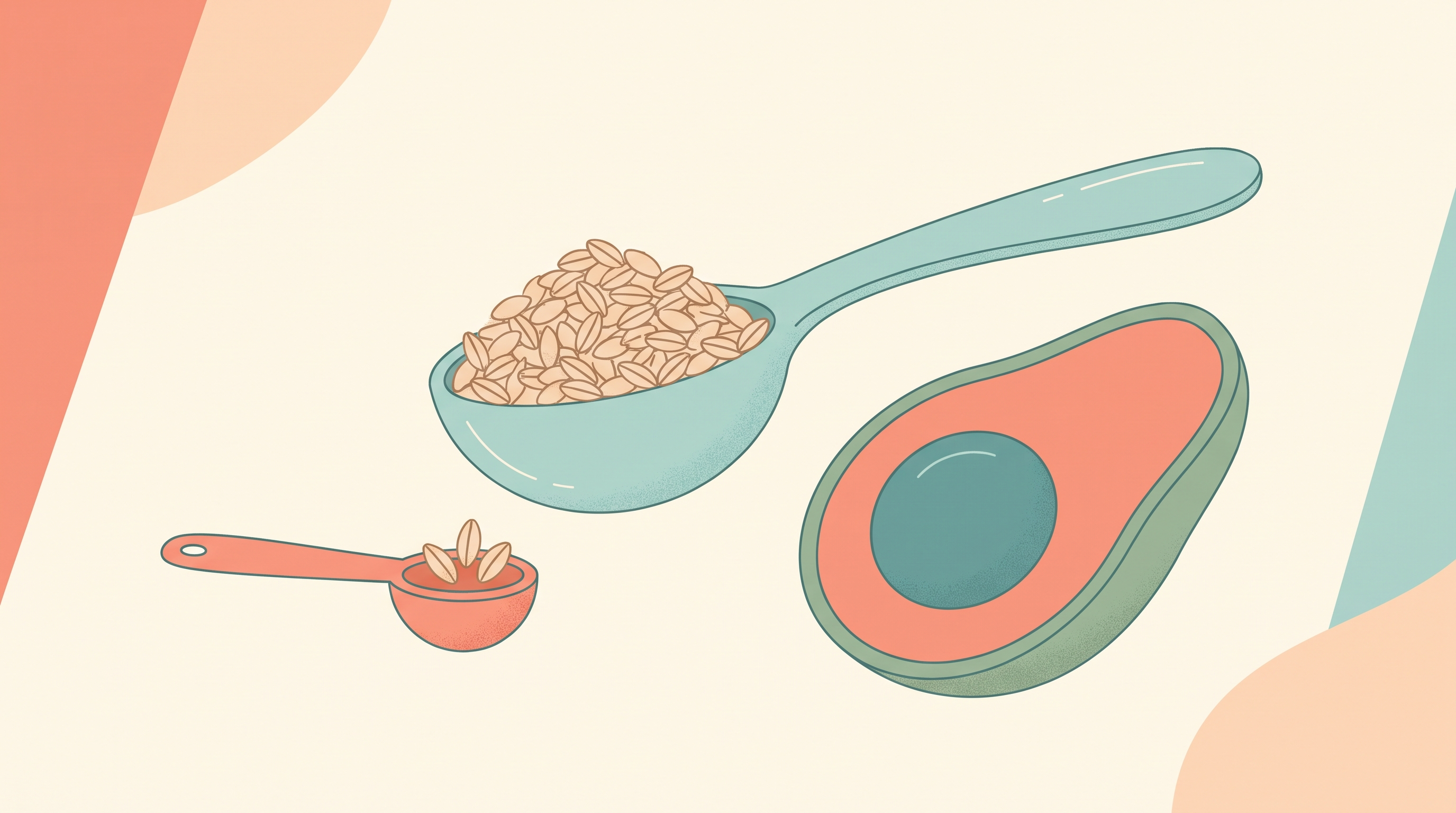 A tiny measuring spoon holding a few wheat grains beside a much larger overflowing tablespoon of the same grains, next to a stylized avocado half, illustrating two very differently sized carbohydrate allowances claiming the same keto label