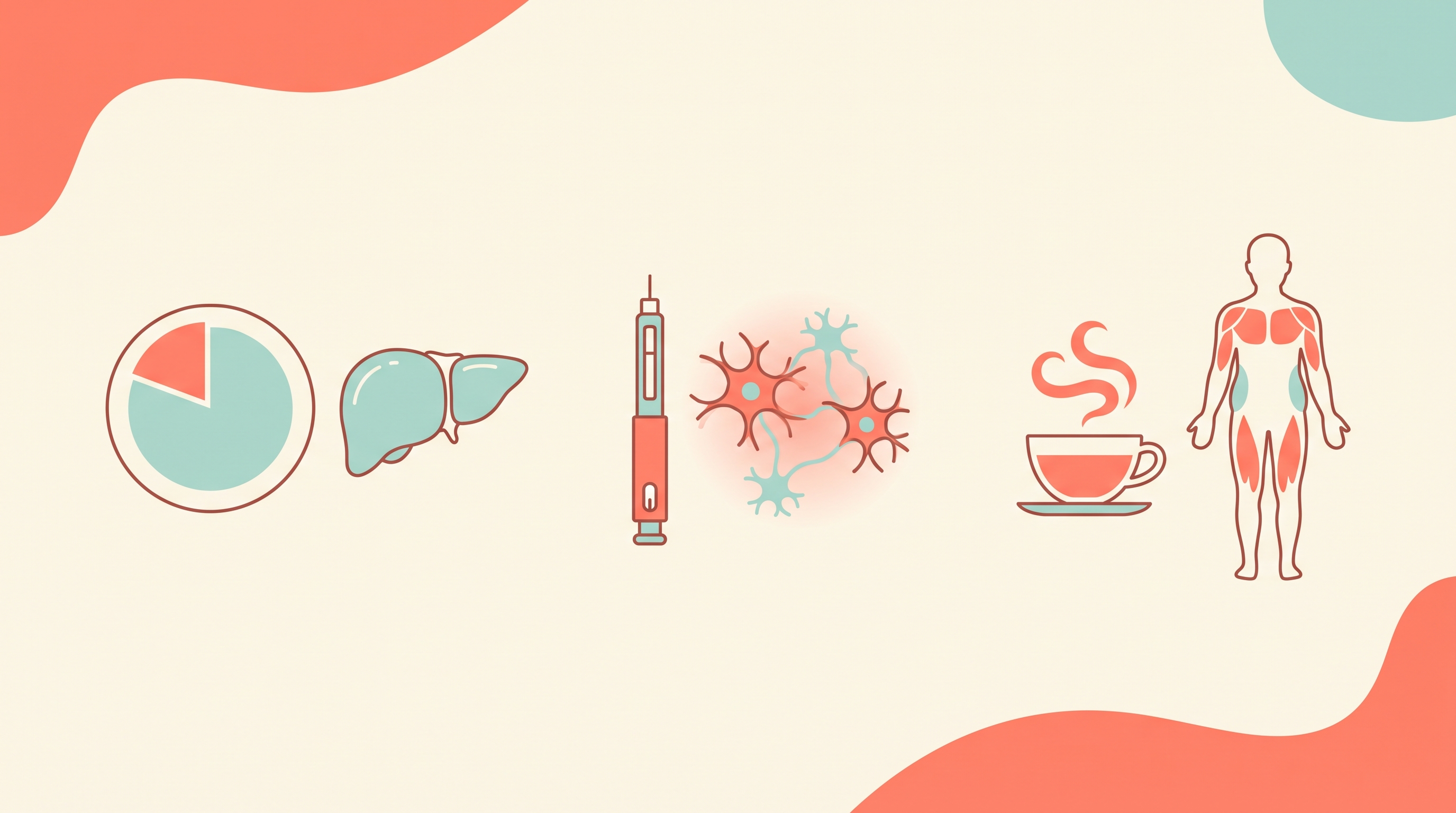 Three vignettes: a plate divided into a small carbohydrate wedge and a large fat portion beside a liver icon, a slim injector pen beside a glowing cluster of neurons, and a coffee cup beside a simple body silhouette showing lean muscle and less fat